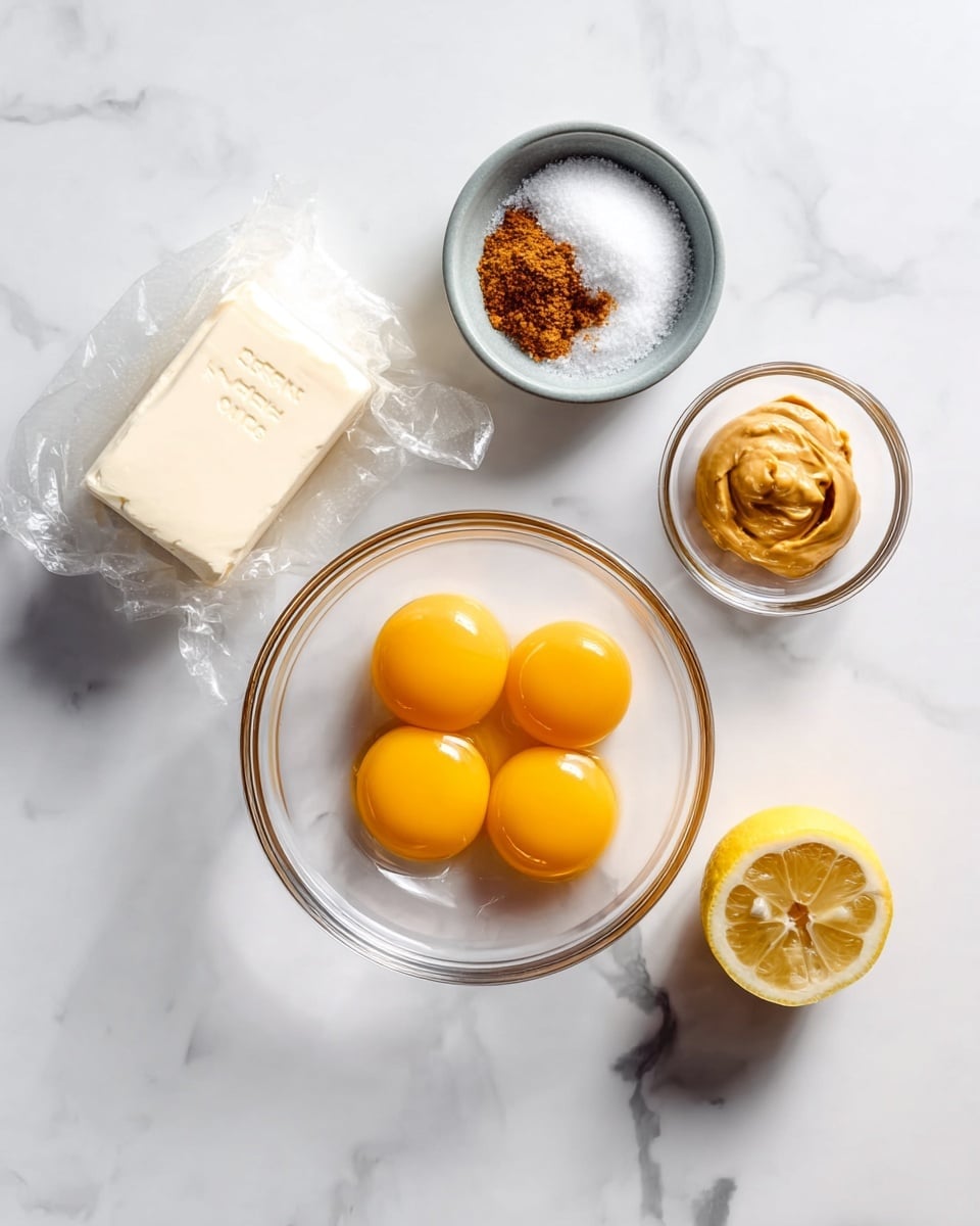A white marbled surface holds five ingredients arranged neatly: a clear glass bowl in the center with four bright yellow egg yolks, a white wrapped block of butter on the left side, a small gray bowl above the yolks containing white granulated sugar and a small pile of brown cinnamon or spice on top, a glass bowl with a dollop of smooth mustard to the right of the spice bowl, and half a lemon with visible seeds placed on the far right. The scene is bright and clean, with clear separation between each ingredient. photo taken with an iphone --ar 4:5 --v 7