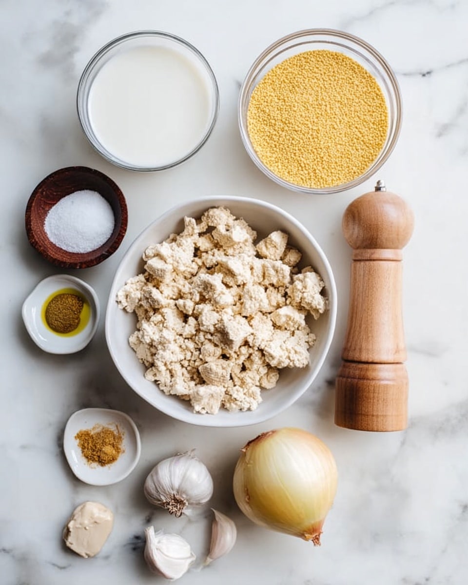 A white bowl on a white marbled surface holds a layer of crumbly, beige tofu pieces filling the bowl. To the right of the bowl is a tall, light wooden pepper grinder. Above the bowl is a small clear glass bowl filled with yellow cornmeal. Above and left lies a clear glass bowl filled with white liquid, most likely plant milk. Directly left of this is a small wooden bowl with white salt inside. Below the salt bowl is a small white plate with two piles of yellow and brown spices. To the right of the spices is half a white onion with yellowish skin and white inside. Below the onion is a small glass bowl with golden olive oil. To the bottom left is a small white dish with a dollop of light beige paste. Near it are two cloves of garlic with light tan skin. All the items sit on a white marbled surface. Photo taken with an iphone --ar 4:5 --v 7