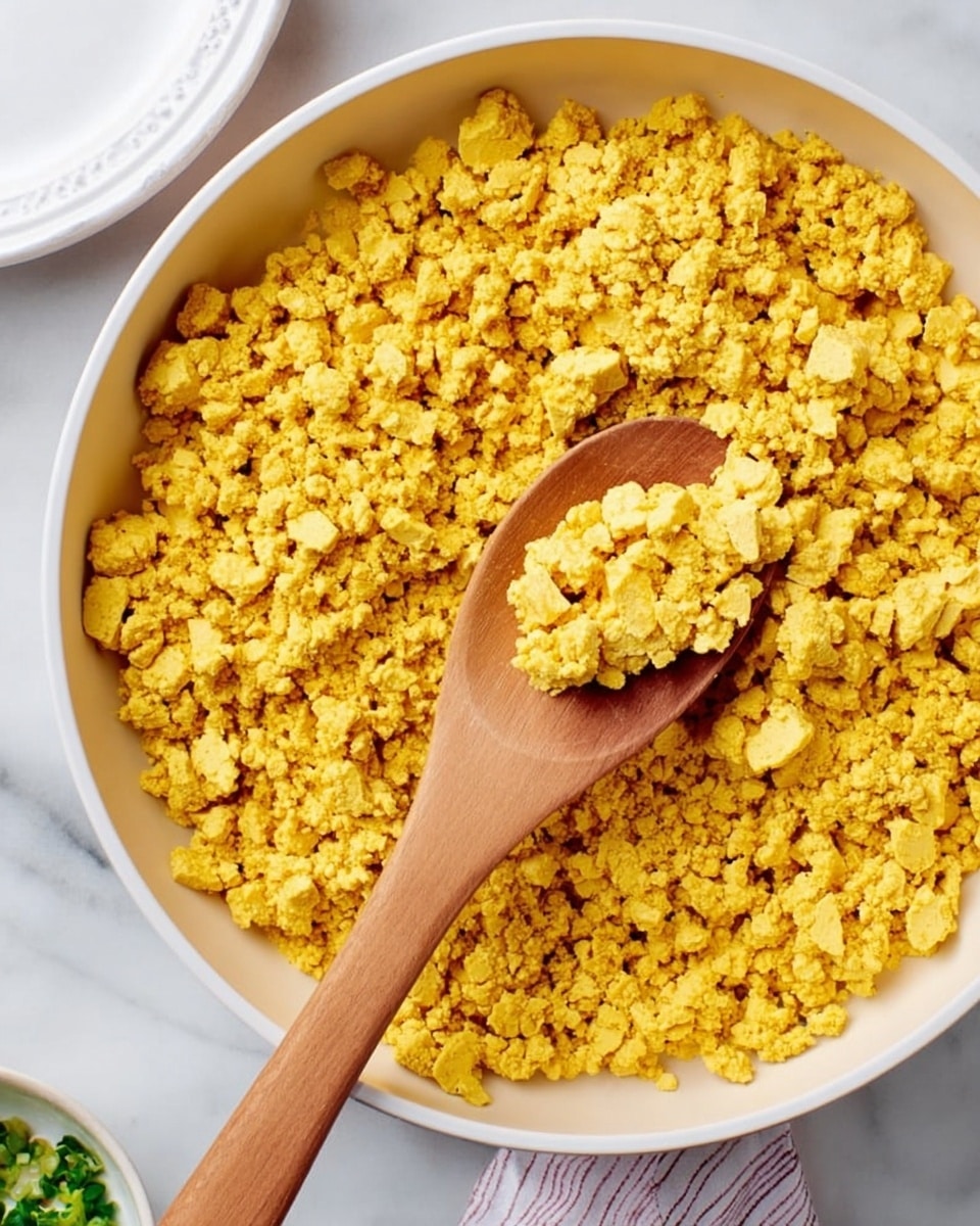 The image shows a white pan filled with bright yellow scrambled tofu that has a crumbly texture. Small pieces of tofu are mixed evenly throughout the pan, creating a rough layer that covers the entire surface. A wooden spoon is placed right in the middle, partly covered by the tofu, with its handle sticking out. The spoon has a smooth, light wood texture and a round shape at the part shown. The background surface is white with a soft marbled pattern, and part of a white plate is visible on the left side. Photo taken with an iphone --ar 4:5 --v 7
