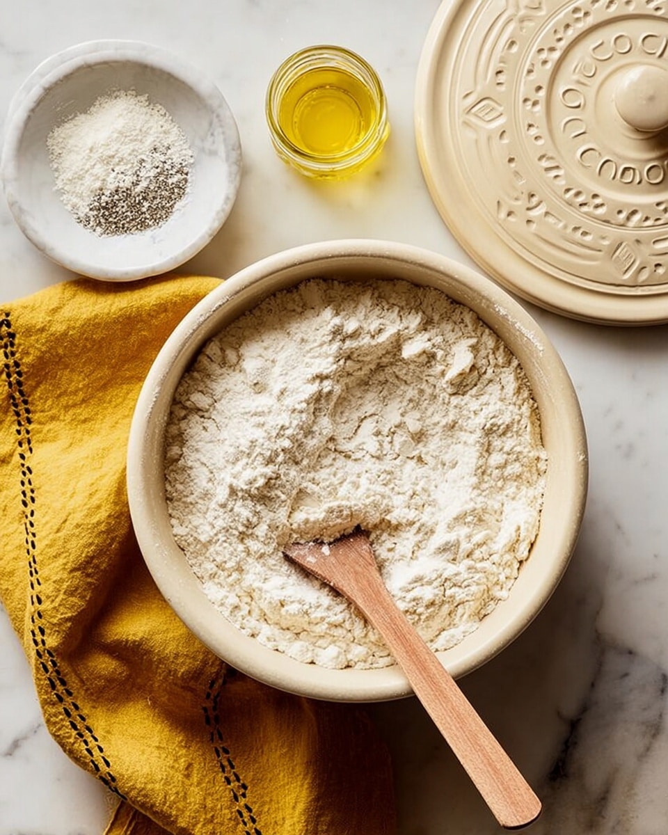 A large white bowl filled with off-white flour, lightly textured and uneven on top, has a wooden spoon resting on its right side inside the flour. Above the bowl, to the left, is a small white bowl with a mix of white powder and black dots, next to a small clear jar of yellow oil. To the right, a beige round lid with decorative patterns is placed on a white marbled surface. A mustard yellow cloth with black stitched edges is draped partly under the large bowl. Photo taken with an iphone --ar 4:5 --v 7