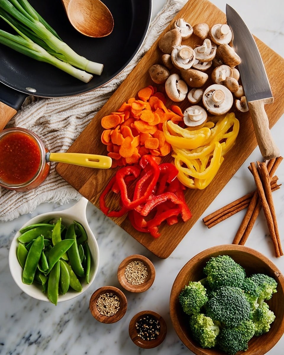 A wooden board on a white marbled surface holds a red bell pepper, bright orange carrot slices, whole light brown mushrooms, and yellow bell pepper strips scattered on top, with a knife resting on the right edge. To the left of the board is a clear glass jar filled with reddish sauce, a yellow-handled spoon inside. Below the board, a white bowl full of fresh green snap peas sits next to a wooden bowl of green broccoli florets. Closer to the bottom right are three small wooden spoons containing sesame seeds and spices, with two cinnamon sticks nearby. At the top left is a black frying pan with a wooden spatula and a green onion atop a white and beige striped cloth. Photo taken with an iphone --ar 4:5 --v 7