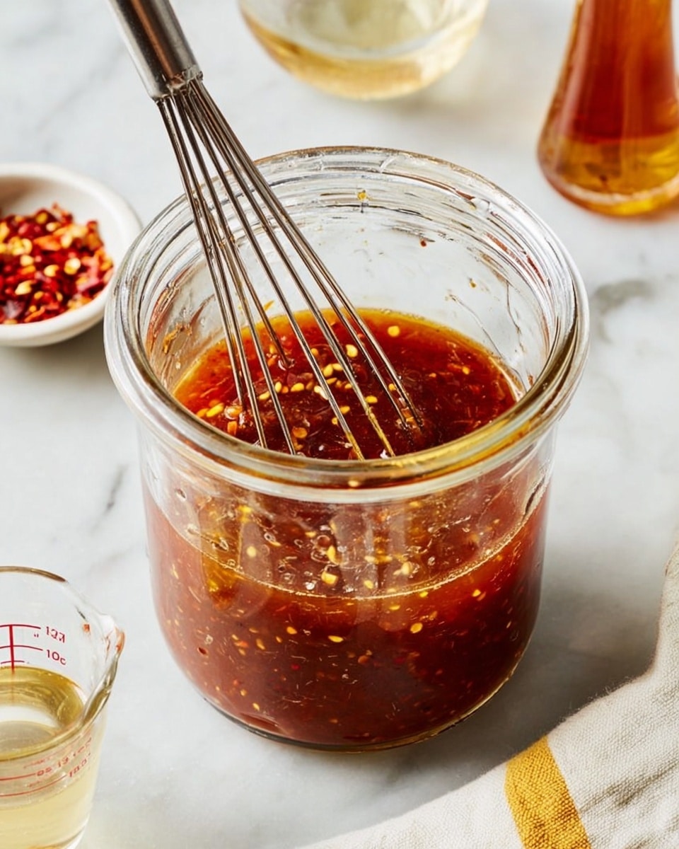 A clear glass jar is filled with a reddish-brown sauce mixed with yellow seeds and small pieces, looked thick but smooth. Inside the jar, a metal whisk with a long handle leans against the edge, partially submerged in the sauce. Around the jar on a white marbled surface, there is a small white bowl with red chili flakes, a glass measuring cup with a pale liquid, and a glass container with a dark amber liquid. A white cloth with a yellow stripe is visible on the right bottom side. The lighting is soft, showing small reflections and making the sauce look glossy. photo taken with an iphone --ar 4:5 --v 7