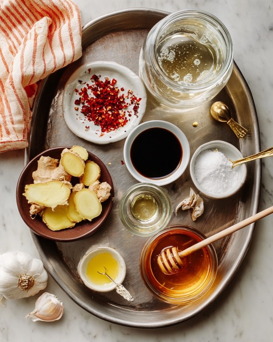 The image shows a metal tray on a white marbled surface holding various cooking ingredients arranged neatly. There is a small clear glass jar with a metal lid, filled with liquid at the top center. To the right on the tray is a small white bowl with dark liquid, a small gold spoon resting on the edge. Below that, a tiny glass container holds light yellow oil, next to it a white bowl filled with white powder. On the left side of the tray, a brown plate contains sliced fresh ginger pieces with a small white bowl on it holding red chili flakes and a gold spoon inside. A garlic bulb with some cloves separated rests nearby. At the bottom right of the tray, a clear glass bowl contains honey with a wooden dipper inside it. Toward the top of the tray, an orange and white striped towel is partially visible. photo taken with an iphone --ar 4:5 --v 7