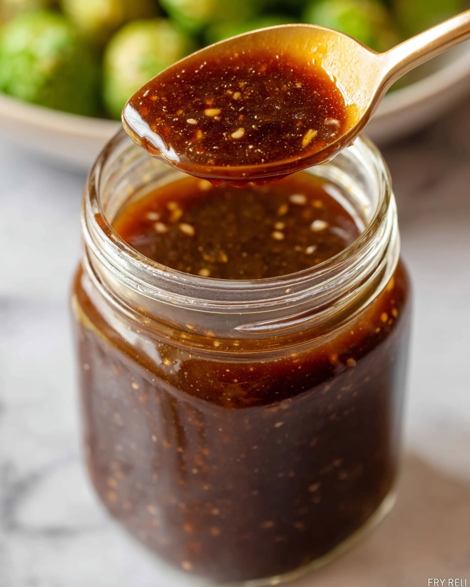A tall clear glass jar filled with a dark brown sauce with small light tan bits dispersed throughout. A silver spoon is held above the jar, coated with the same thick, shiny sauce that reflects light. The jar sits on a white marbled surface with a blurred view of green, round objects in the background, possibly vegetables. The texture of the sauce looks smooth with small pieces inside, creating a rich and glossy appearance. photo taken with an iphone --ar 4:5 --v 7