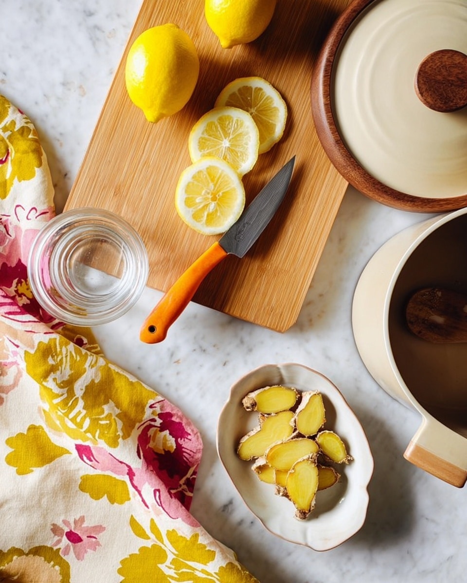 A white wooden cutting board holds a whole lemon and several thin lemon slices arranged in a neat stack, alongside a knife with an orange handle placed on the board. To the right, there is a white pot with a wooden handle and a brown lid. Nearby, a clear glass cup sits empty on a white marbled surface. In the lower part of the image, a floral cloth with yellow, pink, and orange patterns is spread out, partly covering a small white oval dish. The dish contains irregularly shaped yellow ginger slices with a dark brown outline. Photo taken with an iphone --ar 4:5 --v 7