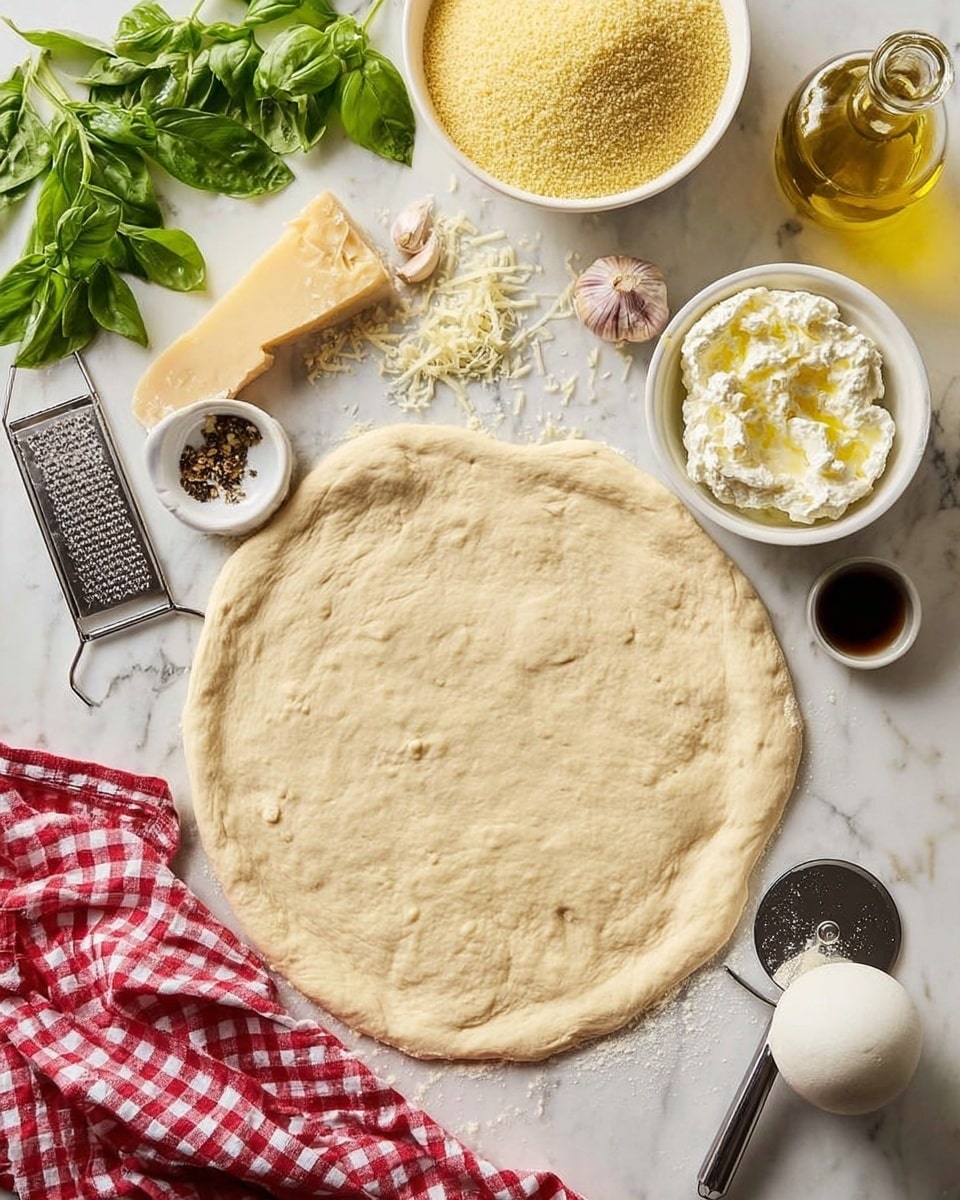 The image shows a large circle of light tan pizza dough spread out on a white marbled surface covering most of the bottom half of the image. Above the dough, there are several ingredients arranged: to the top-left are fresh bright green basil leaves, a wedge of hard cheese with a small pile of finely shredded cheese on a metal grater, and a peeled garlic clove next to some scattered herbs and spices. In the center top is a white bowl filled with pale yellow cornmeal next to a red and white checkered cloth. To the right, there is a glass bottle filled with golden olive oil, a small white bowl with white ricotta cheese mixed with lemon zest and a spoon inside, and a clear bowl holding a ball of white mozzarella. A metal pizza cutter rests on the white marbled surface near the dough's bottom-right edge. photo taken with an iphone --ar 4:5 --v 7