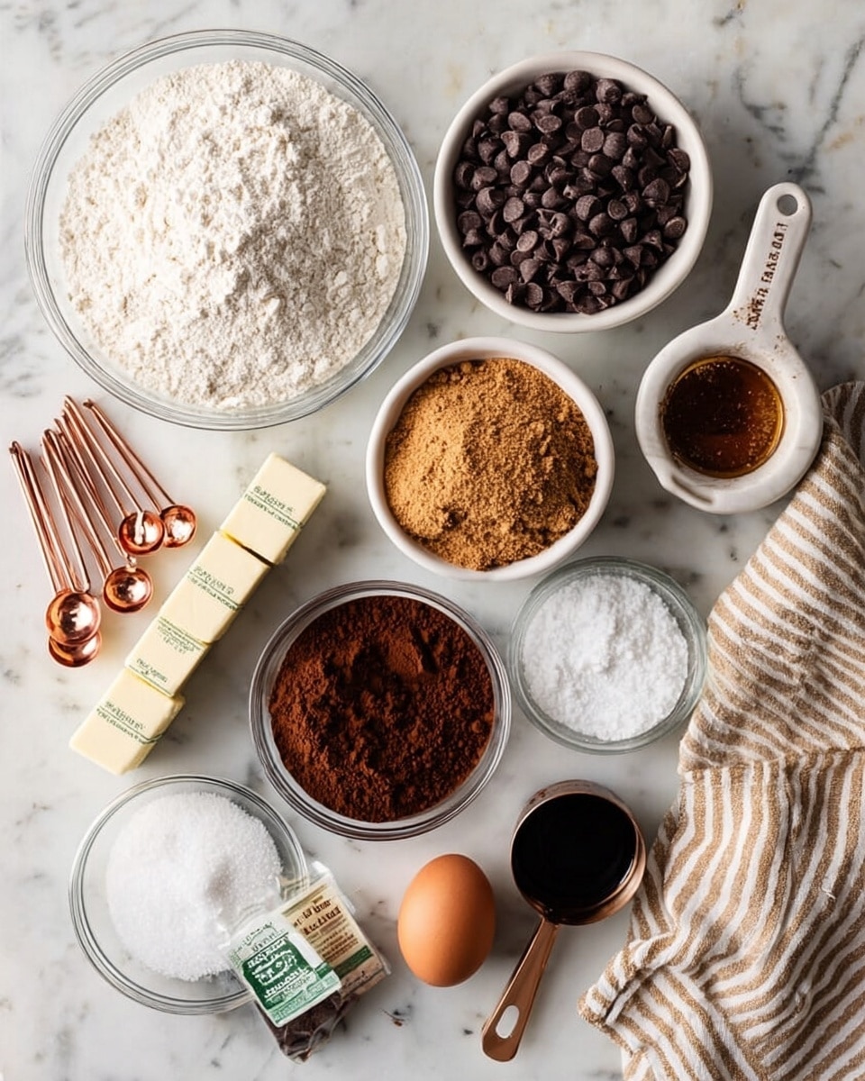 The image shows various baking ingredients arranged neatly on a white marbled surface. Starting at the top left is a large clear glass bowl filled with white flour, next to it on the right is a white bowl full of dark chocolate chips. Below the flour bowl is a white measuring cup filled with light brown sugar, and to its right is a small clear glass container with a dark liquid, probably vanilla extract. A group of copper measuring spoons lies beside it. Near the bottom center is a medium clear glass bowl filled with dark brown cocoa powder. Below the cocoa powder is a small clear bowl with white coarse salt. To the left of the salt are two sticks of butter in white wrappers, a single brown egg, and a black measuring cup filled with white granulated sugar. A beige and white striped cloth is partially visible on the right edge. Photo taken with an iphone --ar 4:5 --v 7