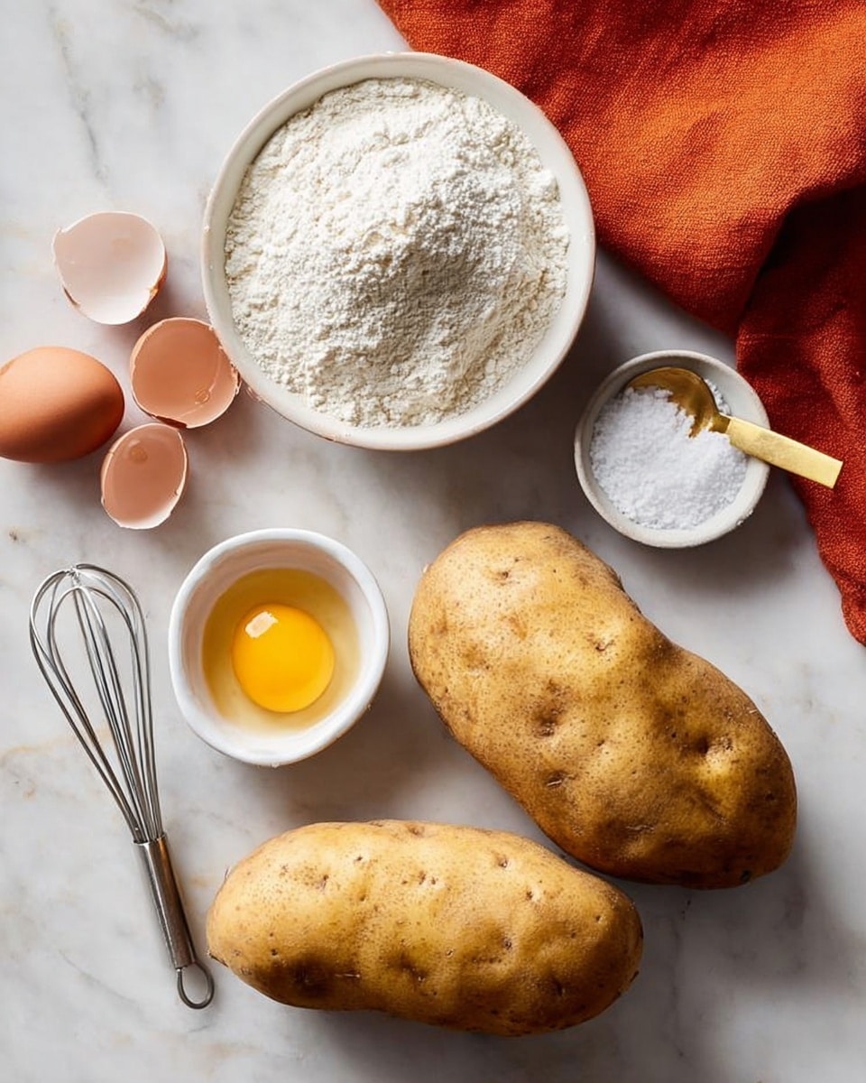The image shows two large light brown potatoes with rough skins placed on a white marbled surface. Near the potatoes, there are two cracked brown eggshells and one whole egg yolk in a small white bowl. A small metal whisk lies close by, and above this cluster are two small white bowls, one filled with white flour and the other with fine white salt, the salt bowl containing a small gold spoon. An orange cloth is partially visible on the upper right side of the image. The overall look is simple and clean. photo taken with an iphone --ar 4:5 --v 7
