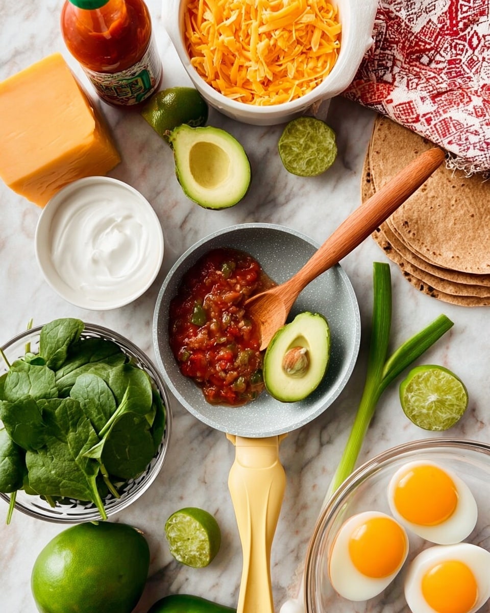 The image shows a white marbled surface with several fresh ingredients arranged around a gray frying pan with a yellow handle, which has a wooden spoon inside. On the top left, there is a bottle of hot sauce, next to a block of orange cheese with some shredded cheese beside it. A white bowl filled with chunky red salsa is placed nearby. To the right, there is a stack of brown tortillas wrapped partially in a red and white cloth. Fresh green onions lie diagonally across the surface, with a halved avocado and a whole lime placed nearby. A small white bowl contains creamy sour cream. In the bottom left, a colander holds fresh spinach and a long green pepper. In the center-right, a clear glass bowl shows four raw eggs with bright orange yolks. One loose spinach leaf sits on the surface beside the pan. photo taken with an iphone --ar 4:5 --v 7