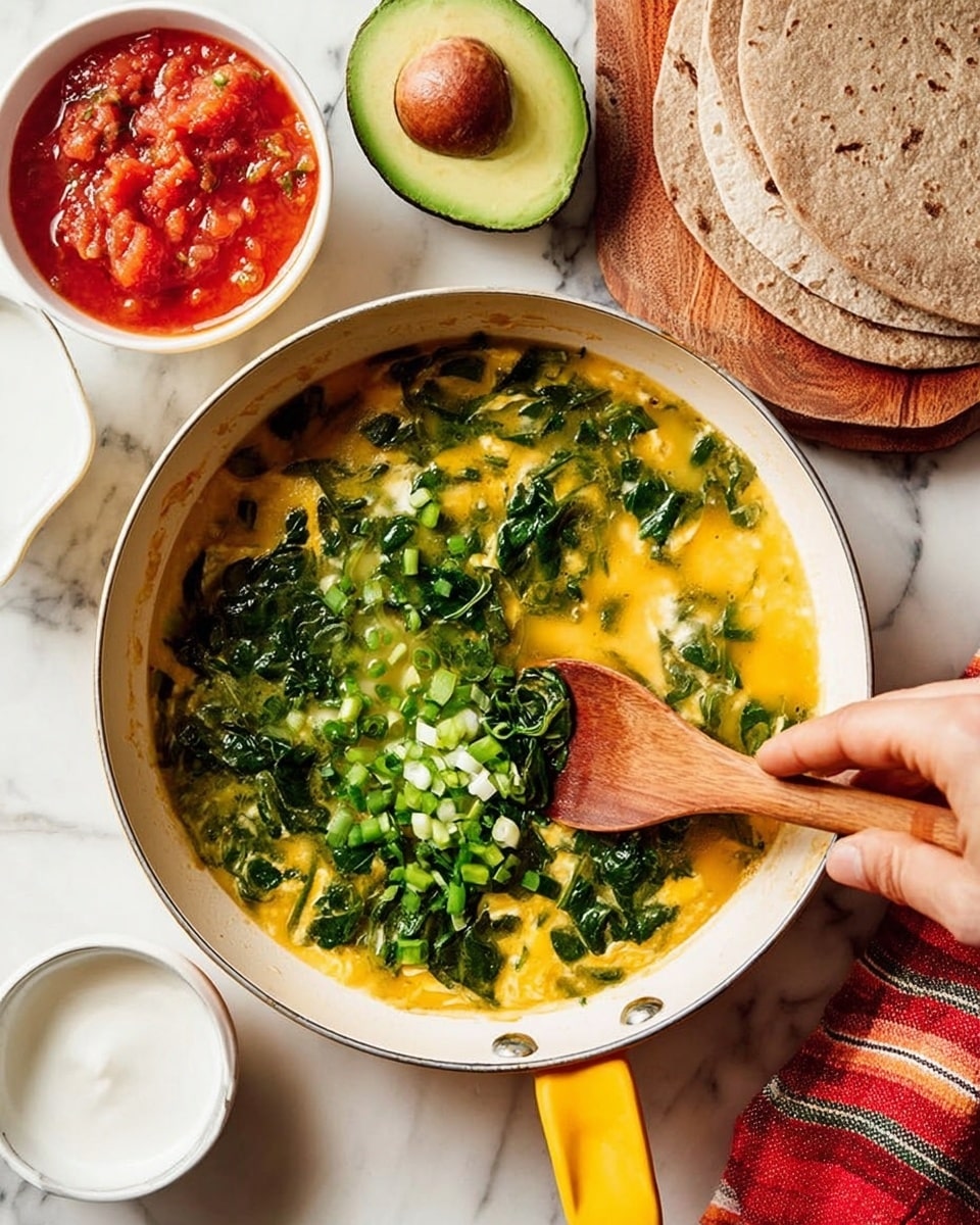 A white pan with a yellow handle is filled with a mixture of beaten eggs and chopped green spinach cooking inside, showing a mix of smooth yellow egg liquid over dark green leafy bits, with some chopped green onions scattered on top; a woman's hand holds a wooden spoon stirring the contents. To the upper left, there's a small white bowl filled with chunky red salsa, and below it is another white bowl with smooth white creamy sauce. Above the pan, there is a halved avocado with bright green flesh placed next to a stack of brown tortillas wrapped partly in a red and beige striped cloth on a white marbled surface. Photo taken with an iphone --ar 4:5 --v 7