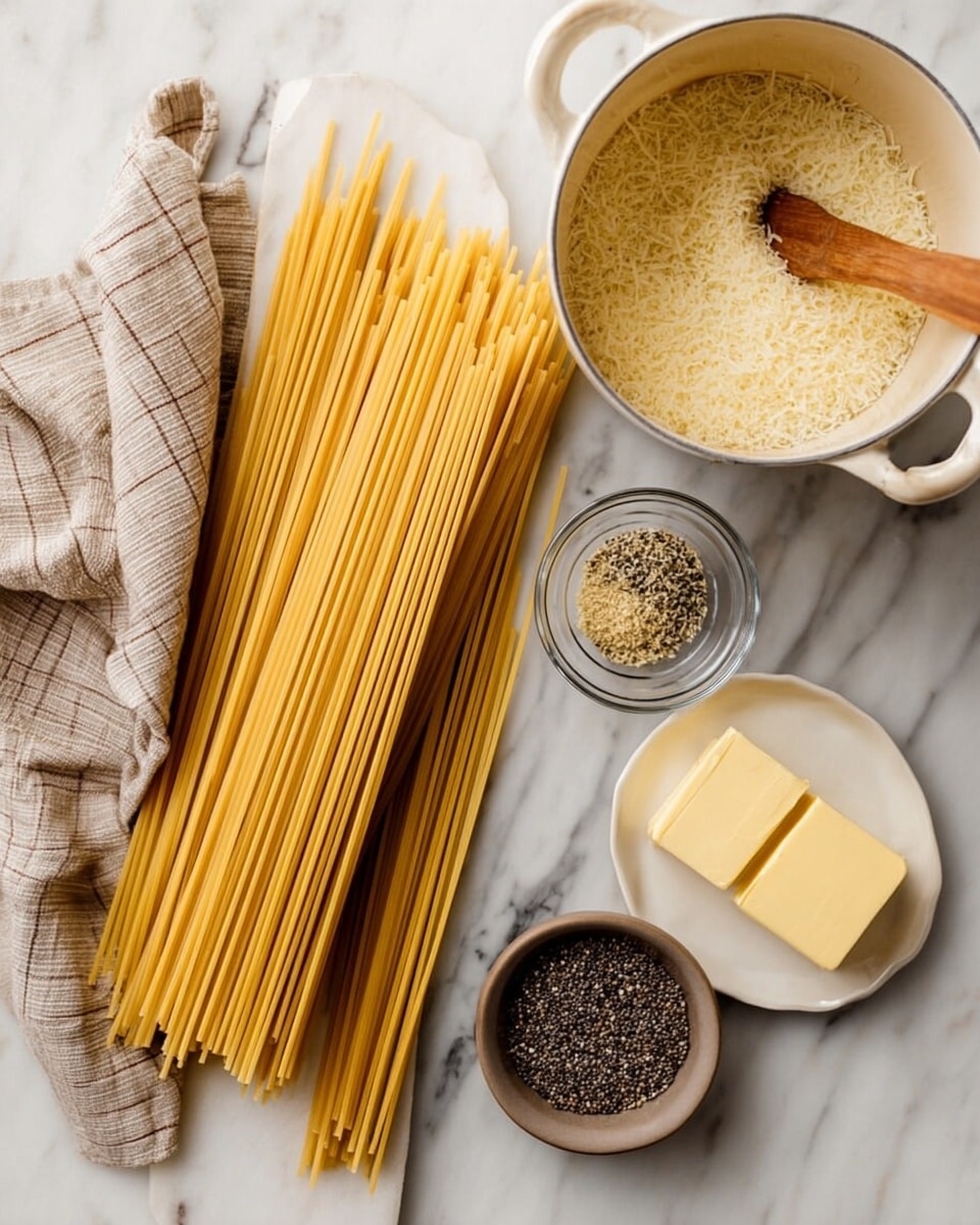 Long uncooked spaghetti noodles are spread out horizontally on a white marbled surface. To the right on a white plate, there is a clear bowl filled with grated Parmesan cheese on the upper side, a smaller bowl with cracked black pepper below it, and a small square of pale yellow butter next to a wrapped stick of butter. To the upper left, there is a white pot with handles and a wooden spoon resting inside. A beige and brown checkered towel is placed on the left side of the image. Photo taken with an iphone --ar 4:5 --v 7