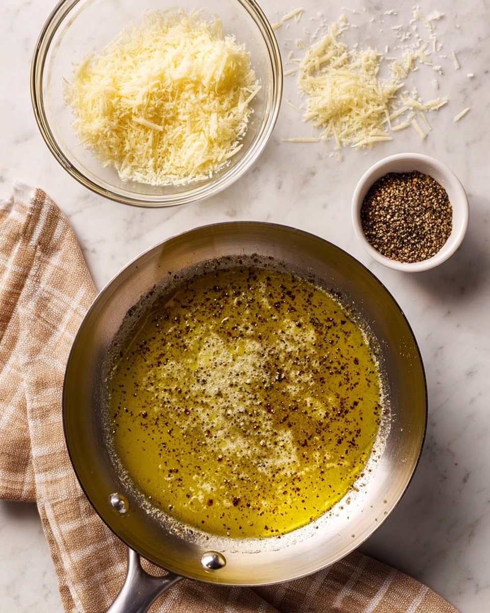 A top-down view of a stainless steel pan filled with melted butter mixed with cracked black pepper, showing a shiny yellow-green liquid with flecks of dark pepper spread across the surface. Above the pan, there is a clear glass bowl containing grated pale yellow cheese placed on a round white plate, with some cheese spilling onto the plate. To the right, there is a white bowl holding cracked black pepper. The pan is set on a white marbled surface with a beige and white checkered cloth partially under the pan's handle. photo taken with an iphone --ar 4:5 --v 7