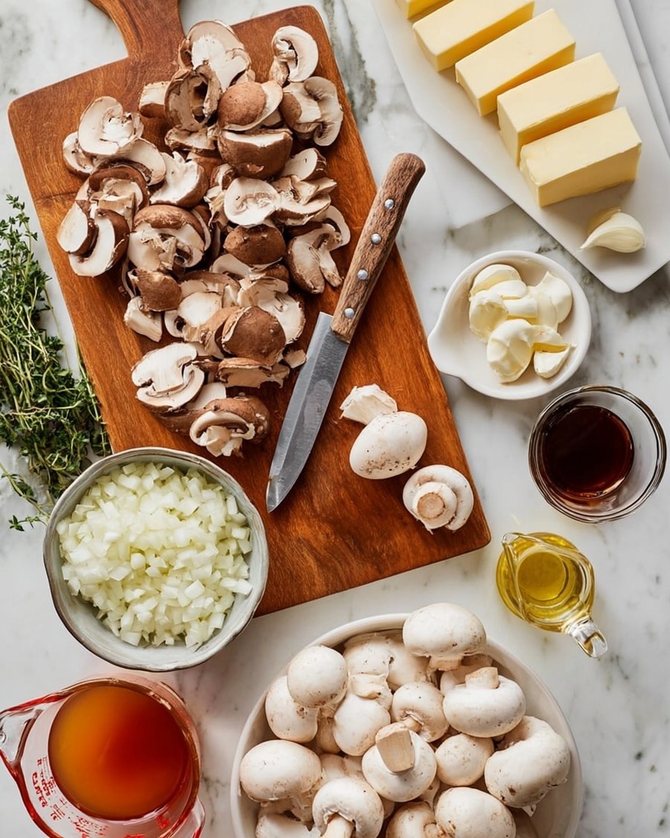 The image shows a top view of ingredients on a white marbled surface, centered around a wooden cutting board. On the board, there are sliced brown mushrooms scattered with a knife that has a wooden handle resting among them. To the right, there is a rectangular white dish with stacked butter slices and a small white plate holding garlic bulbs. Surrounding the cutting board are several small glass containers: one filled with diced white onions, another with a dark liquid, and a clear one with oil. Below the board is a white bowl filled with whole white mushrooms. A measuring glass with an orange-brown liquid is placed near the bottom edge. Fresh green herbs lie on the top left corner of the board. photo taken with an iphone --ar 4:5 --v 7