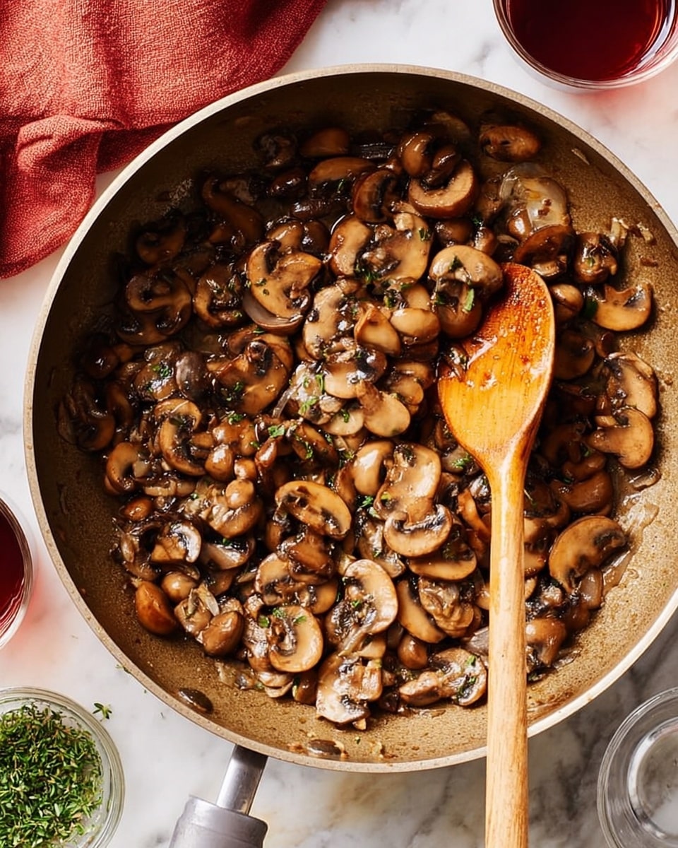 A close-up view of a frying pan filled with cooked sliced mushrooms and small pieces of onions, all mixed together with a slightly shiny texture, indicating they are sautéed. A wooden spoon with a light brown color rests inside the pan, partially covered in the mushroom mixture. The pan is on a white marbled surface with a bit of green herb near the bottom left corner. There are two glasses partially visible, one with a dark liquid and the other with a red liquid, placed near the bottom right. A reddish cloth is seen beneath the pan on the upper left side. photo taken with an iphone --ar 4:5 --v 7