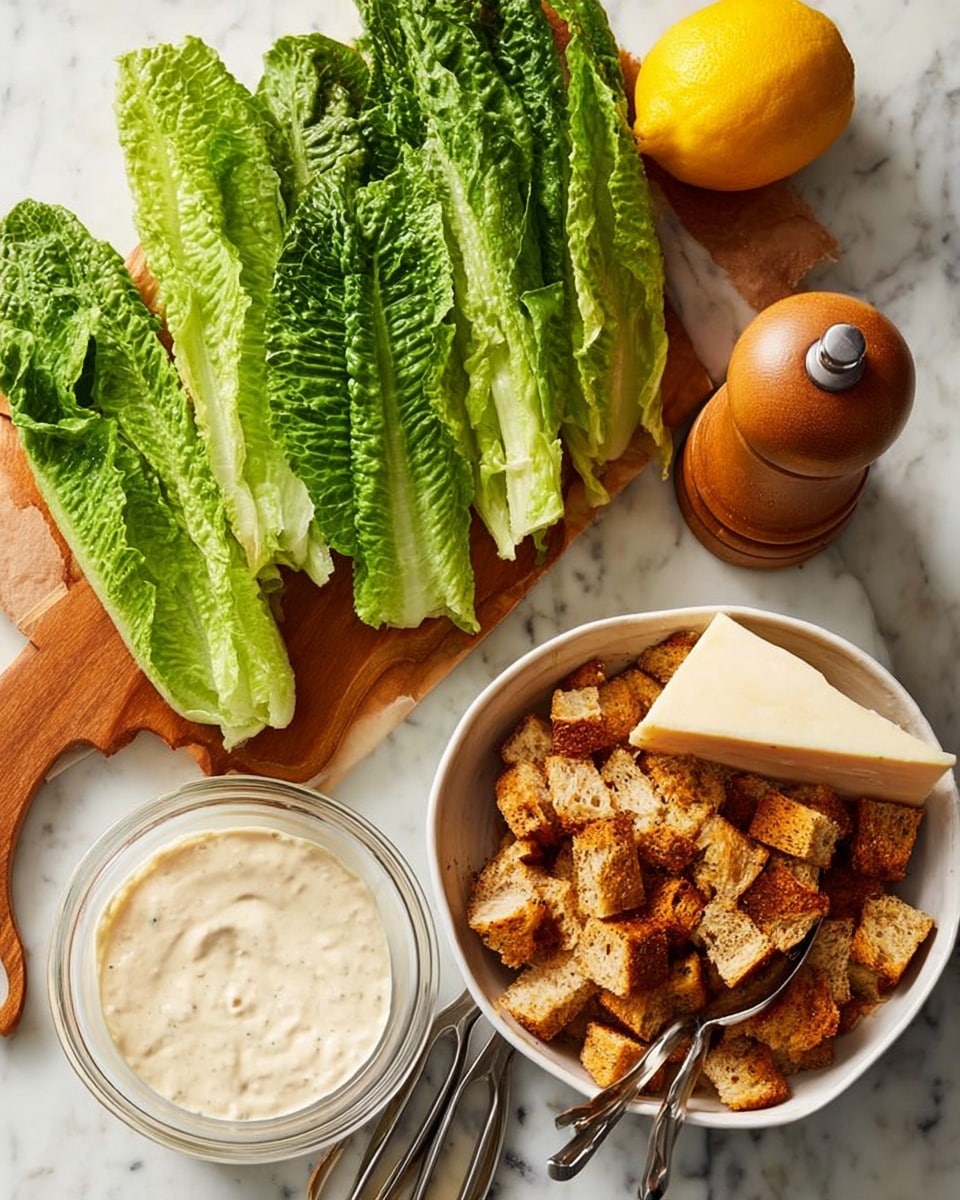 The image shows three layers of Caesar salad ingredients arranged separately on a white marbled surface. The first layer is fresh green romaine lettuce leaves with deep ridges and bright green color placed on the top left. The second layer is a clear glass bowl filled with thick, creamy, pale beige Caesar dressing sitting on a wooden board near the bottom left. The third layer is a white bowl filled with crunchy brown croutons mixed with a large piece of pale yellow hard cheese and two silver tongs resting on top, positioned at the center right. A wooden pepper grinder and a yellow lemon are also placed nearby. Photo taken with an iphone --ar 4:5 --v 7