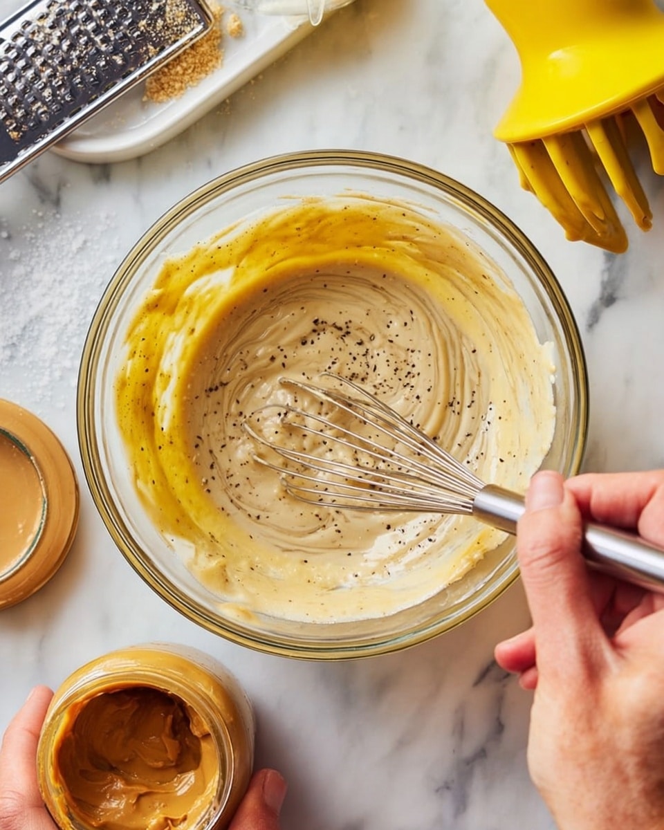 A clear glass bowl sits on a white marbled surface, filled with a light beige creamy mixture swirled with black pepper. The mixture shows two layers: a thick creamy base with a light yellow oily layer around the edges. A woman's hand holds the bowl steady while another woman's hand stirs the mixture with a metal whisk. Around the bowl, a yellow hand juicer, an open jar of peanut butter with smooth texture, and a grater with coarse salt are visible on the white marbled background. photo taken with an iphone --ar 4:5 --v 7