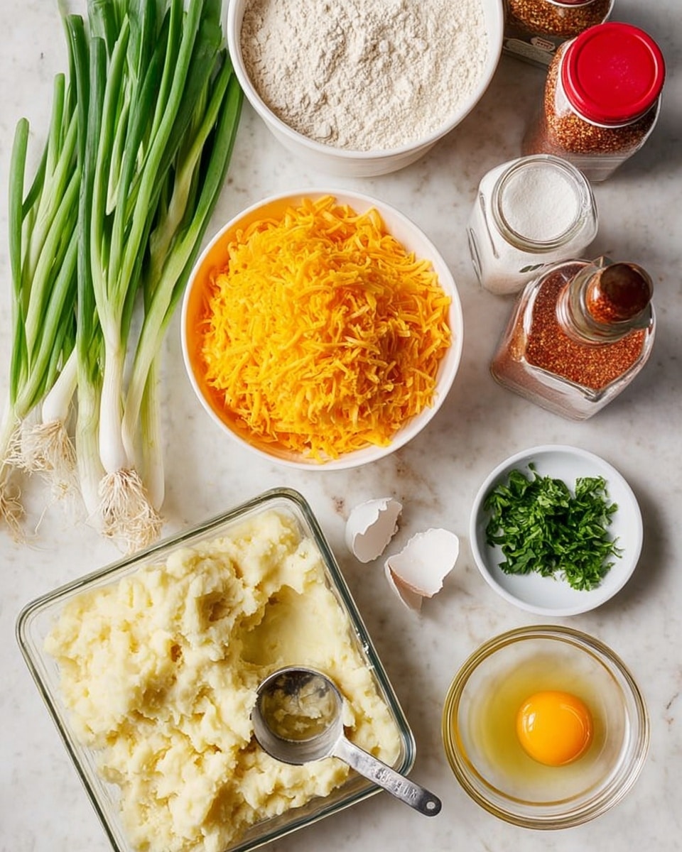 This image shows a white marbled surface with several ingredients arranged neatly. In the center bottom is a square glass container filled with mashed potatoes, with a silver measuring cup partially sunk into the mashed potatoes. To the right, there is a small glass bowl holding a raw egg yolk and some parsley lying next to it. Above that is a round white bowl filled with bright orange shredded cheddar cheese. To the left of the cheese is a bunch of fresh green onions placed diagonally. Further left, there are two white bowls, one filled with flour and the other with panko breadcrumbs. At the top right are two jars of seasonings, one with red paprika and the other with white pepper, both with red lids. photo taken with an iphone --ar 4:5 --v 7