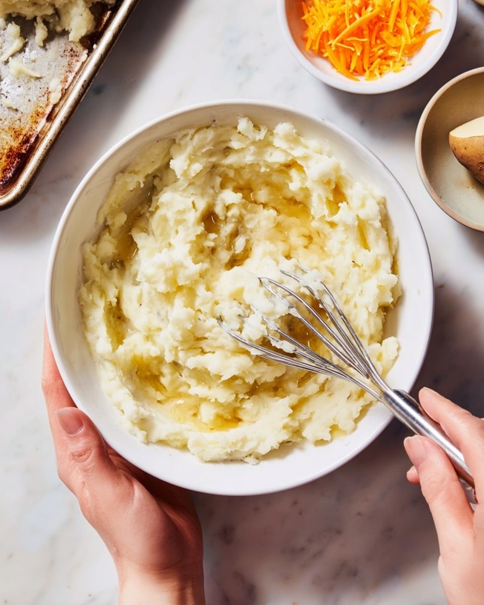 A white bowl filled with mashed potatoes showing a thick and slightly lumpy texture, mixed with creamy bits. A woman's hand holds the bowl steady on a white marbled surface, while the other woman's hand mashes the potatoes using a metal potato masher with a simple wire design. In the background, there is a baking tray holding an empty potato skin, and a small white bowl filled with orange shredded cheese sits next to the bowl of potatoes. Photo taken with an iphone --ar 4:5 --v 7