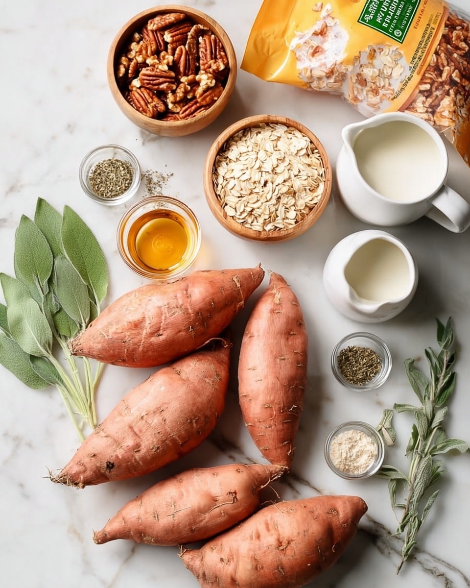 The image shows several fresh sweet potatoes with smooth, reddish-brown skin placed on a white marbled surface. There are three small light wooden bowls arranged nearby; one filled with oval pecan nuts, another with walnut pieces, and the last one with rolled oats. A small glass container holds golden honey, positioned near fresh green sage leaves and small glass jars of dried thyme leaves and ground ginger. A white ceramic pitcher filled with a creamy white liquid sits on the right side. Behind these is a yellow packaging of shelled walnuts adding a pop of color to the neutral tones. A woman's hand rests close to the jar of oats on the left side. photo taken with an iphone --ar 4:5 --v 7