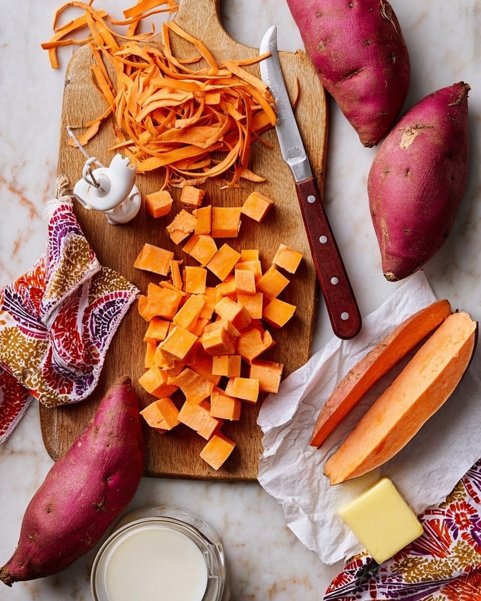 The image shows a wooden cutting board on a white marbled surface. On the board, there are orange sweet potato cubes in the center and long peeled sweet potato strips near the top. A kitchen knife with a brown wooden handle rests on the board next to the cubes. Around the board, there are three whole purple-skinned sweet potatoes on the marble surface. To the right of the board, a peeled sweet potato skin is placed, along with a small glass of milk and sliced butter on white parchment paper. A woman’s hand is holding a peeler near the peeled potato skin. There is a patterned cloth napkin with orange, red, purple, and white colors in the bottom right corner. Photo taken with an iphone --ar 4:5 --v 7
