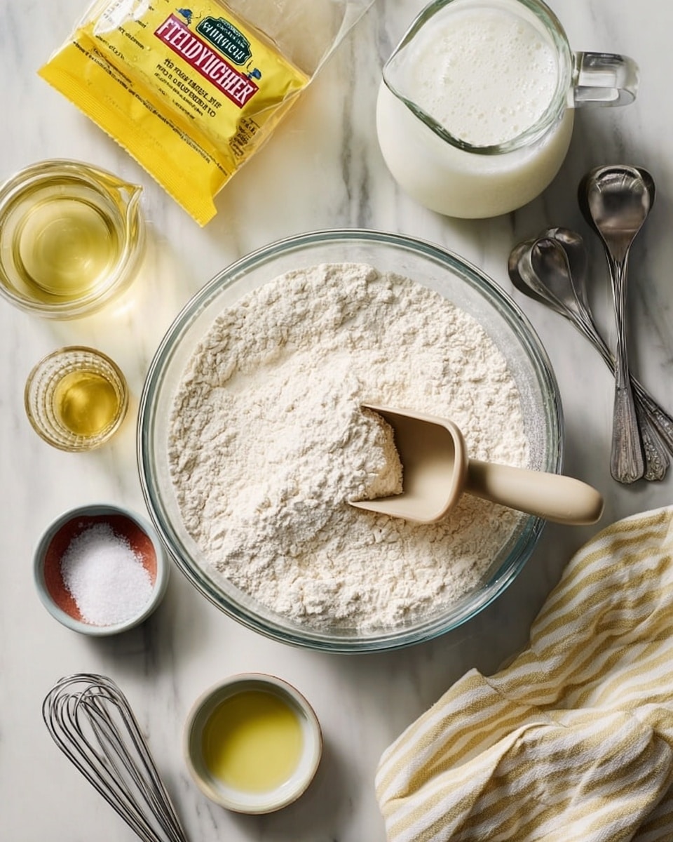 A large clear round glass bowl filled with white flour occupies the center, with a beige scoop resting inside the flour. Around this bowl are small containers holding salt, sugar, melted butter with a light yellow color, a clear glass measuring jug of milk showing white foam on top, and a yellow packet of Active Dry Yeast. To the top left sits a glass bottle of light golden olive oil, next to a silver pastry brush. Metal measuring spoons and a beige striped cloth are to the bottom right. All objects are placed on a smooth white marbled surface. Photo taken with an iphone --ar 4:5 --v 7