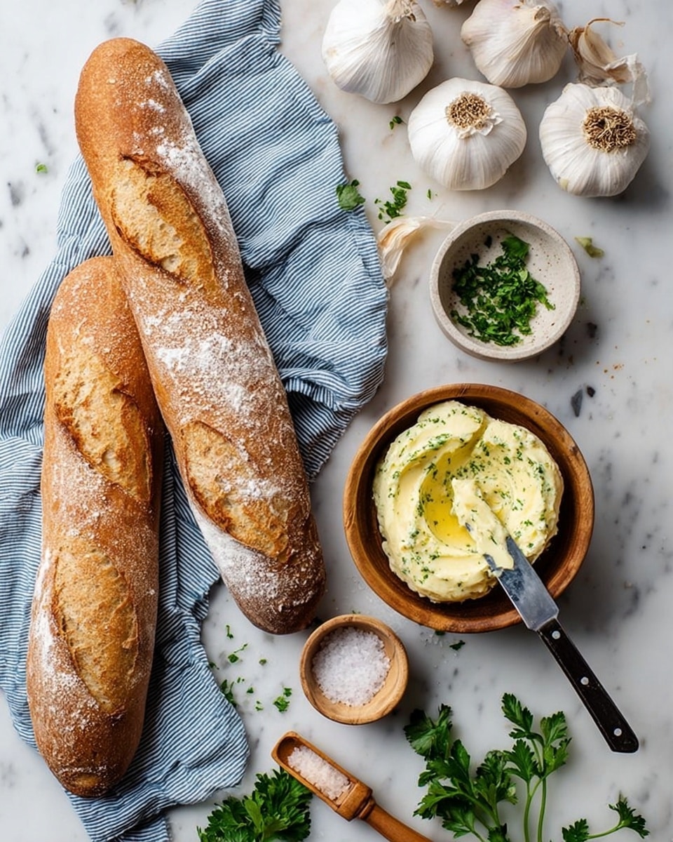 The image shows two long baguettes with a golden crust and a dusting of flour, placed on a blue and white striped cloth on a white marbled surface. To the right, there is a small wooden bowl filled with pale yellow garlic herb butter with green herb bits inside. A knife with a black handle rests on the bowl with some butter on the blade. Above the bowl, several whole garlic bulbs and a small white bowl with chopped green herbs are arranged. A small beige bowl with coarse salt and a wooden scoop is near the garlic, and a small wooden bowl with salt is near the bottom. Fresh parsley leaves are scattered on the surface around the bowls. Photo taken with an iphone --ar 4:5 --v 7