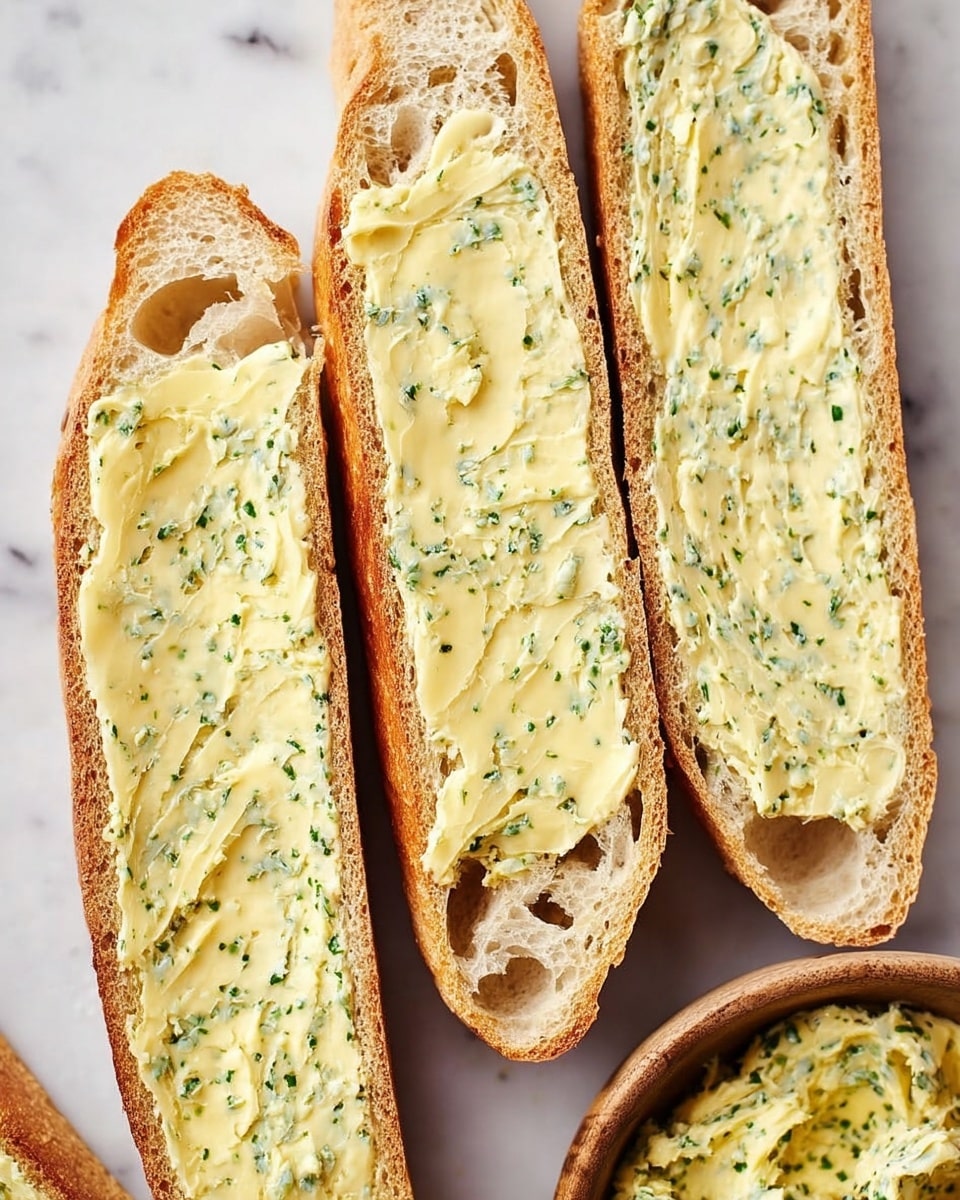 The image shows four long slices of bread laid out side by side on a white marbled surface. Each slice has a thick layer of light yellow butter mixed with small green herb pieces spread across the entire surface. The bread crust is golden brown with a soft, airy interior that has visible small holes typical of fresh bread. The butter on each slice has a smooth, creamy texture with some swirls and uneven patches, showing it was spread by a woman's hand. Near the bottom right corner, part of a small wooden bowl filled with the same herb butter is visible. Photo taken with an iphone --ar 4:5 --v 7