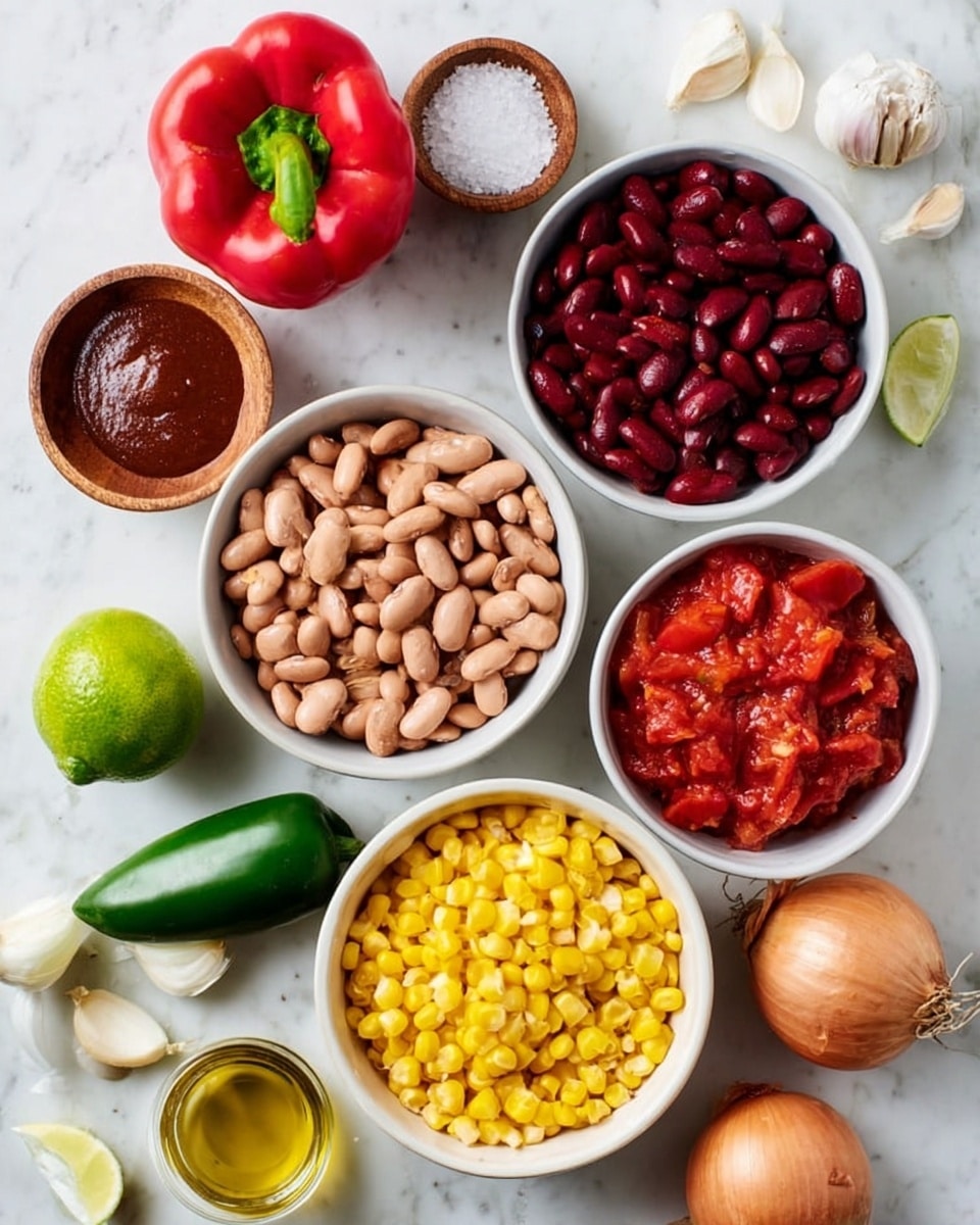 The image shows an overhead view of various ingredients arranged on a white marbled surface. In the center, there is a white bowl filled with light brown beans, with a white bowl of red kidney beans on the top right, and another white bowl on the middle right containing chunky red cooked tomatoes. Below the central bowl is a white bowl filled with bright yellow corn. Surrounding the bowls are fresh ingredients: a whole red bell pepper at the top, a whole brown onion on the bottom right, two lime halves and two garlic cloves near the bottom center, and a green jalapeño pepper on the bottom left. There is also a small wooden bowl containing salt on the top left and a smaller white bowl with a dark red sauce on the left. A small glass cup of golden oil is placed near the center bottom. The setup is clean, colorful, and visually organized. photo taken with an iphone --ar 4:5 --v 7