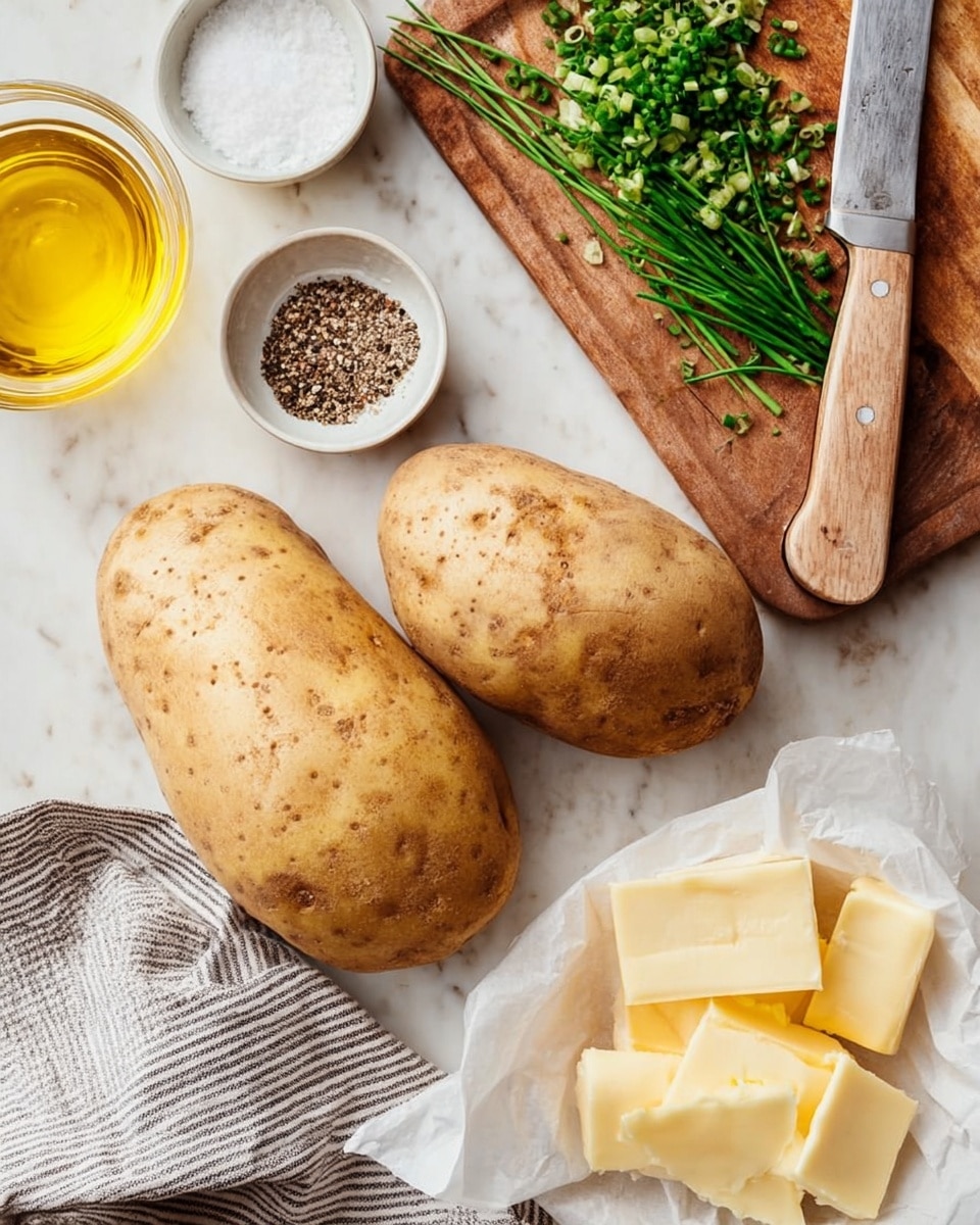 The image shows two large light brown potatoes with textured skin on a white marbled surface. To the left, there is a glass container filled with yellow olive oil. Above the potatoes is a wooden cutting board with chopped green chives and a knife with a silver blade and wooden handle resting on it. In small white bowls near the potatoes, one holds coarse black pepper and the other coarse white salt. At the bottom right, several pale yellow butter slices rest partly wrapped in white paper. A striped gray and white cloth is placed on the bottom left corner. Photo taken with an iphone --ar 4:5 --v 7