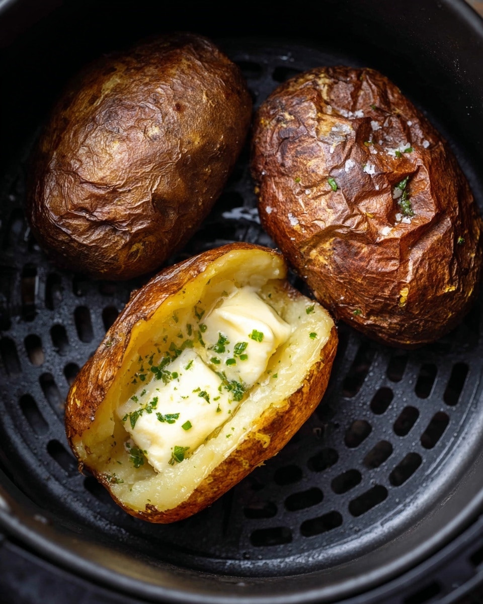 The image shows three cooked potatoes inside a black air fryer basket with circular vent holes. Two of the potatoes have dark brown, wrinkled skins, looking crispy and seasoned with salt. The third potato is split open, revealing soft yellow inside with a melting pat of butter in the center and small green pieces of chopped herbs sprinkled on top. The textures contrast between the crispy outer skin and the smooth, creamy inside of the opened potato. Photo taken with an iphone --ar 4:5 --v 7