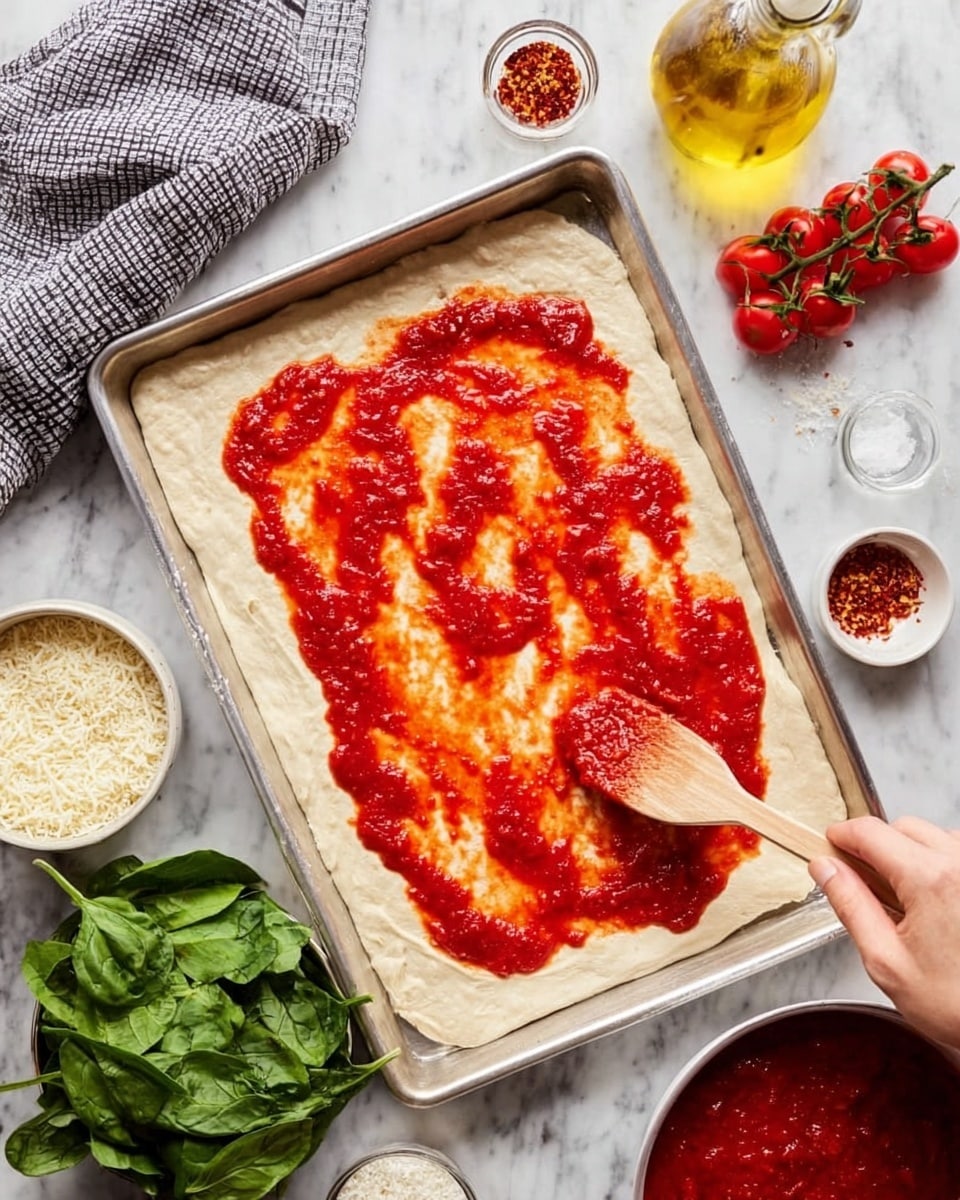 A rectangular layer of pale dough is spread evenly on a metal baking tray, covering the whole surface. Over this dough, bright red tomato sauce is being spread with a wooden spoon held by a woman's hand at the bottom right corner. The sauce has a slightly chunky texture with some smooth and thicker areas, not fully covering the dough yet. Around the tray, on a white marbled surface, there are ingredients such as a small bunch of red cherry tomatoes on the vine, a glass bottle of golden olive oil, a small glass bowl of red chili flakes, a white bowl filled with fresh green spinach leaves, a small glass bowl of grated cheese, and a white bowl profusely filled with more red tomato sauce. A grey and white checkered cloth is partially seen on the left side. photo taken with an iphone --ar 4:5 --v 7
