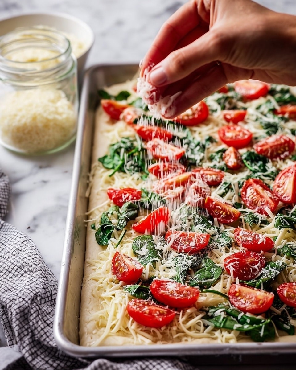 A close-up view of a rectangular pizza dough base spread evenly on a silver baking tray on a white marbled surface. The first layer is shredded mozzarella cheese covering the dough, topped with fresh green spinach leaves scattered evenly. On top of the spinach, bright red cherry tomatoes, sliced in half, are spread across the pizza. A woman's hand is sprinkling grated Parmesan cheese over all the toppings, adding a fine, powdery white layer that partially covers the spinach and tomatoes. Nearby, a glass jar of grated Parmesan and a white bowl with more shredded cheese sit on the white marbled surface, along with a gray and white checkered cloth. photo taken with an iphone --ar 4:5 --v 7