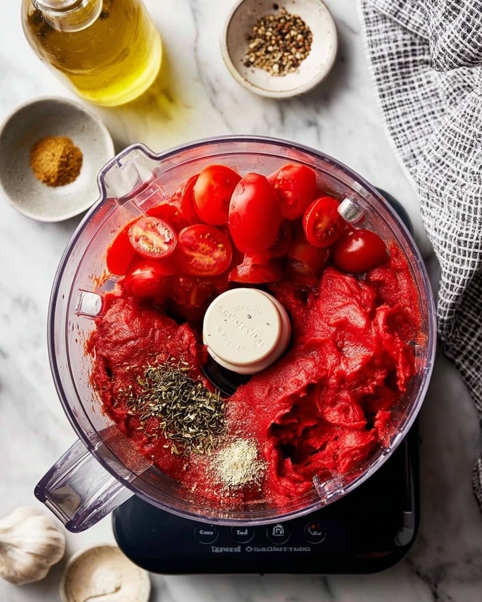 The image shows a top view of a clear food processor bowl sitting on a black base, filled with bright red peeled tomatoes on the right side and thick, dark red tomato paste on the left. There is a small white clove of garlic near the bottom left next to dried herbs sprinkled on top of some tomatoes in the center. The ingredients are resting on a white marbled surface with a glass bottle of light yellow oil and small bowls with spices nearby. A gray and white checkered cloth is partially visible at the top right. Photo taken with an iphone --ar 4:5 --v 7