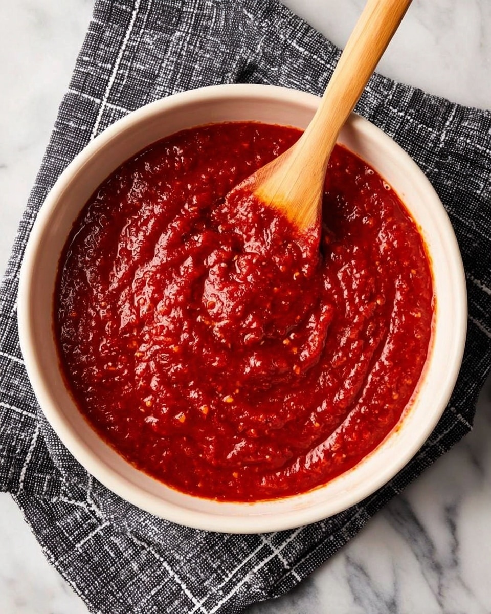 A thick, deep red sauce fills a white bowl, with a wooden spoon resting inside, lifting some of the sauce. The sauce has a chunky texture with visible bits giving it a rich, hearty look. The bowl sits on a folded black and white checkered cloth, which lies on a white marbled surface. The sauce is spread evenly but with some swirls made by the spoon. Photo taken with an iphone --ar 4:5 --v 7