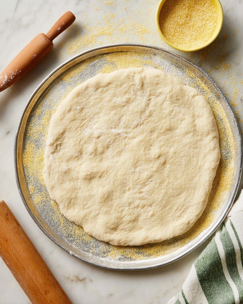 A raw pizza dough stretched flat in a round shape, placed on a silver metal tray sprinkled with yellow cornmeal. The dough has a pale creamy color with uneven texture and slight dimples all over. Around the tray are a wooden rolling pin with some flour dust and a green-striped kitchen towel next to a small yellow bowl filled with cornmeal. The background is a white marbled surface with some scattered cornmeal grains. photo taken with an iphone --ar 4:5 --v 7