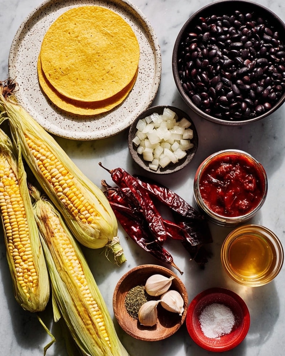 The image shows a collection of cooking ingredients on a white marbled surface. There are three yellow corn tortillas stacked on a white speckled plate to the upper left. Below that, two corn ears with bright yellow kernels and green husks are laid side by side. A small dark bowl near the bottom center holds dried red chilies with a wrinkled texture. To the right of the chilies, a large white bowl contains shiny black beans filling the bowl. Near the top right, a dark bowl holds many white chopped onions, and a can with an open lid reveals a deep red tomato sauce with visible chunks. A small round wooden dish filled with coarse salt is placed near the tomato can. There is also a small round red bowl with a greenish spice mix near the bottom right. Cloves of garlic in a dark bowl and a light amber-colored liquid in a glass cup are also present in the scene. The arrangement is well lit and clear, photo taken with an iphone --ar 4:5 --v 7