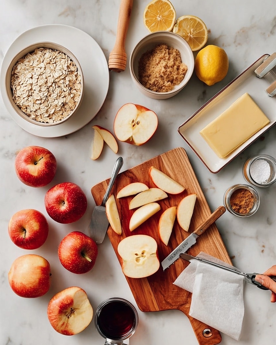 The image shows a white marbled surface with a wooden cutting board at the center. On the cutting board, there is one peeled apple, several sliced apple pieces, and red apple peels placed in a neat pile. A small knife with a wooden handle lies on the board next to the apple slices. Surrounding the board, there are four whole red apples scattered around. To the left, a white bowl filled with rolled oats sits near the board. Above the oats, there is a beige bowl filled with brown sugar. To the right of that, there are small glass jars containing spices with wooden and metal spoons resting beside them. A bar of butter partially wrapped in white paper is on the right corner of the board, with a peeler resting next to it. At the top left, a white plate with a wooden citrus reamer and two lemon halves appears. A small glass jar with a dark liquid is near the board at the bottom left. The setup has a clean, organized look. Woman's hand is holding a peeler over the cutting board. photo taken with an iphone --ar 4:5 --v 7