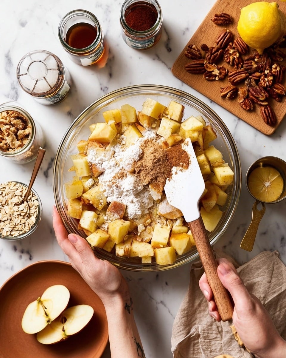 A clear glass bowl filled with layers of light yellow chopped apples sprinkled with white flour and brown sugar clumps on top. The woman's left hand holds the bowl, while the woman's right hand holds a white spatula with a wooden handle resting on the brown sugar. Around the bowl, there are jars of brown spices and dark vanilla extract, a silver measuring spoon, a wooden cutting board with apple peel, a halved lemon, some pecans, a pile of oats on a brown plate, and a white measuring cup with a wooden handle, all set on a white marbled surface. Photo taken with an iphone --ar 4:5 --v 7