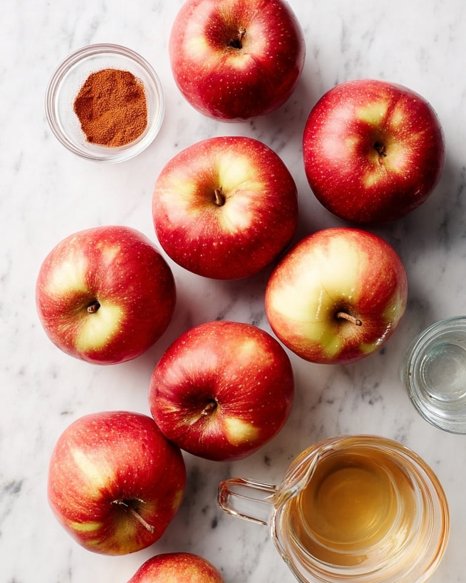 The image shows nine fresh red apples with yellowish highlights scattered on a white marbled texture. There are three small glass bowls, one filled with a red-brown powder (cinnamon), one with a clear liquid (apple cider vinegar), and one empty measuring cup. The apples have smooth skins and short stems facing up or sideways. The overall setup looks clean and natural with the ingredients plainly arranged. photo taken with an iphone --ar 4:5 --v 7