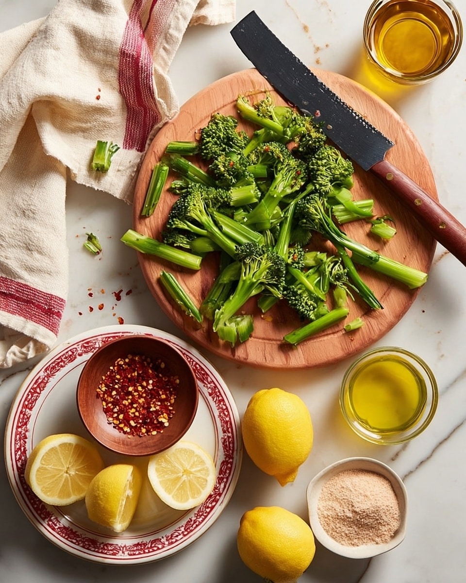 The image shows a light wood cutting board placed on a white marbled surface, with bright green broccoli stalks cut into pieces scattered on top. A large black knife with a brown wooden handle rests on the board. Next to the board is a round white plate with a decorative red border, holding a small wooden bowl filled with red chili flakes and two lemon halves. To the right of the board, there is a small white bowl containing light beige powder, and a clear glass container with golden olive oil sits beside the plate. Two whole lemons rest on the marbled surface near the board, and a cream-colored cloth with red stripes is folded and placed in the upper left corner. photo taken with an iphone --ar 4:5 --v 7