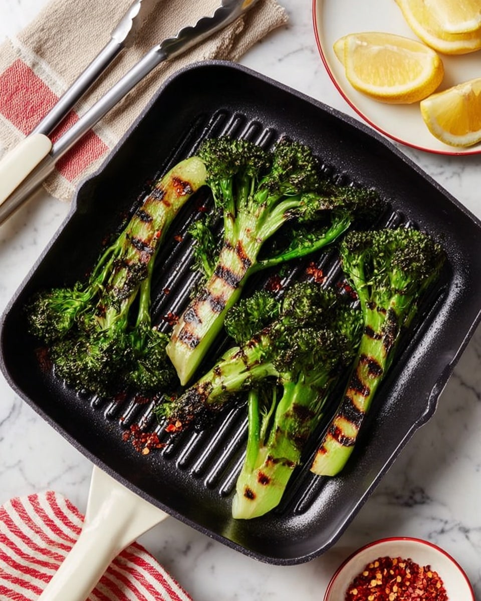 The image shows a black grill pan with five pieces of grilled broccolini inside, each piece with dark char marks across the bright green stalks and florets, some edges slightly blackened from the heat. The pan sits on a white marbled surface, alongside a pair of silver tongs with white grips resting at the top left corner. There is a beige cloth with red stripes to the bottom left and a white plate with a reddish patterned rim partially visible at the bottom right, holding a small bowl with red pepper flakes. Below the plate are two lemon slices on the white marbled surface. Photo taken with an iphone --ar 4:5 --v 7