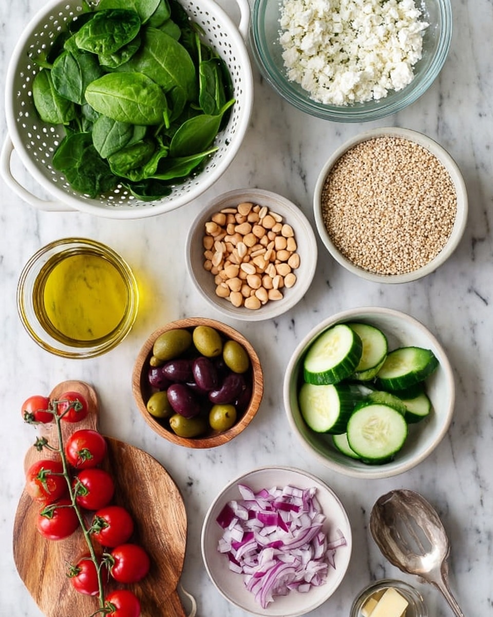 The image shows a collection of fresh ingredients neatly arranged on a white marbled surface. There is a white colander filled with bright green spinach leaves positioned at the top left. To its right, a clear small glass bowl holds crumbled white cheese. Next to it, a white bowl contains uncooked quinoa grains, beige and round in texture. Below, a small wooden bowl is filled with light brown pine nuts. In the center, a wooden round plate holds several slices of green cucumber. To the right of the cucumber, a white bowl has finely chopped red onion with purple and white bits. At the bottom left, a bunch of small, red cherry tomatoes still on green vines lies on the surface. To the left of the cucumber, a small white bowl contains dark purple olives, while above it, there is a small jar with yellow olive oil and a spoon inside. A small glass bowl with beige chickpeas is located near the top right, completing the colorful, fresh ingredients. The photo is taken with an iphone --ar 4:5 --v 7