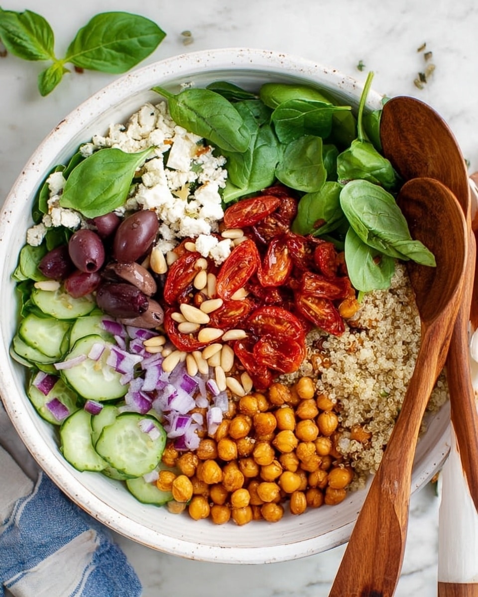 A white bowl filled with a colorful layered salad on a white marbled surface. The bottom layer is light beige quinoa on the right side. Next to quinoa, golden roasted chickpeas are arranged at the bottom right. Fresh green spinach leaves sit along the top edge, with bright red roasted cherry tomato halves beside them in the center. Thinly sliced dark purple Kalamata olives are placed next to crumbled white feta cheese on the left. Sliced light green cucumbers with a fresh texture are near the bottom left. Pine nuts add a light brown color in two small piles, one near the cucumbers and one near the purple diced onions scattered between layers. Fresh green and purple basil leaves are placed on top as garnish. Two wooden spoons rest inside the bowl on the right side. Photo taken with an iphone --ar 4:5 --v 7