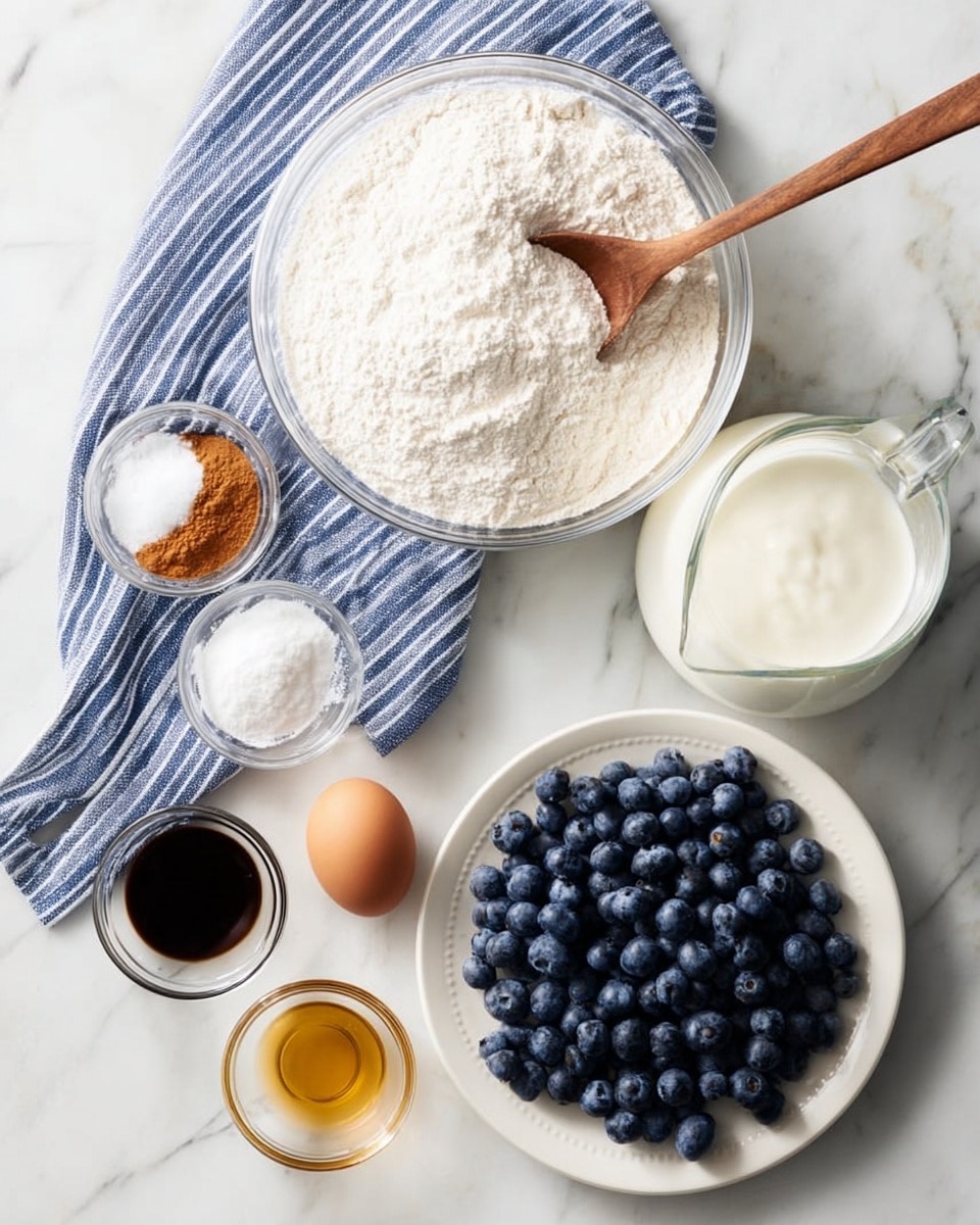 A clear glass mixing bowl in the top left filled with white flour and several dry ingredients in small piles, including light brown cinnamon, white baking powder, and sugar, with a wooden spoon resting inside. To the right is a glass bowl with smooth white yogurt and a glass measuring cup with white milk. Below those, a white plate is full of fresh, dark blue blueberries sitting on a blue and white striped cloth. Below the mixing bowl are smaller glass bowls containing clear oil and dark vanilla extract, with a single brown egg resting next to them. All items are arranged on a white marbled surface. Photo taken with an iphone --ar 4:5 --v 7