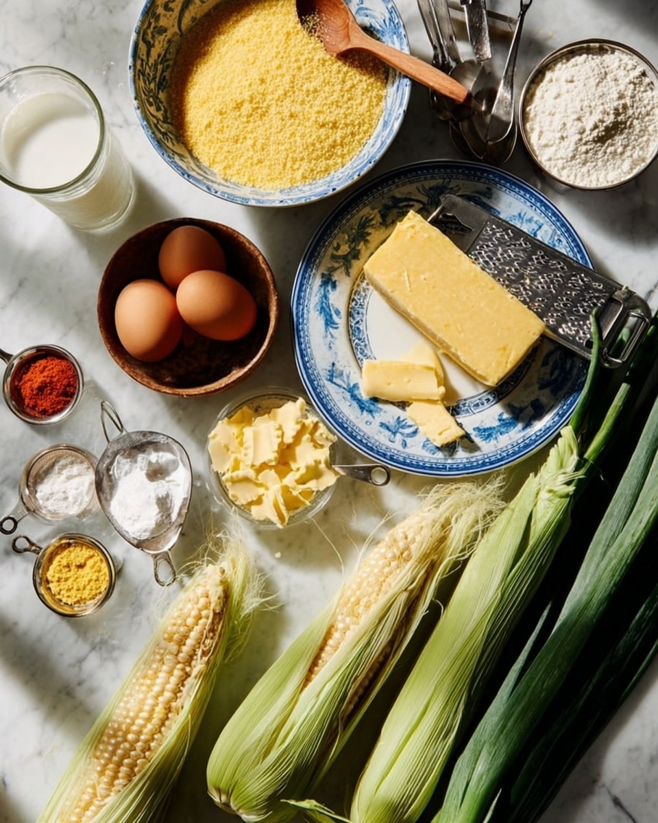 A white marble surface holds fresh cooking ingredients arranged in a flat lay style. Two ears of yellow and white corn with green husks sit in the bottom right. Long green onions stretch across the middle. A block of yellow cheese rests on a white plate with blue patterns, with some cheese curls and a metal grater beside it. Above this, a white bowl with blue swirls contains yellow cornmeal with a wooden spoon inside. On the left side, an orange egg lays next to a small brown bowl of light yellow flour. There are small glass containers with white powder and a liquid, and metal measuring spoons hold red and yellow powders on a white round plate near the top left. A transparent cup with milk is visible in the bottom left corner. The scene has natural light and shadows, photo taken with an iphone --ar 4:5 --v 7