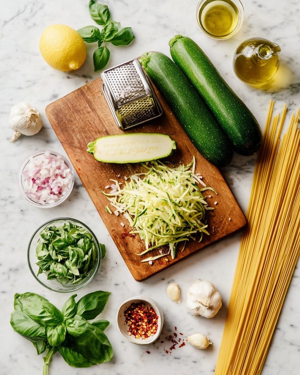 The image shows a wooden cutting board placed on a white marbled surface with three whole zucchinis on and around it, one zucchini half with green skin and pale green inside, and a metal box grater standing on top of a small pile of shredded zucchini strands in light green. To the right of the cutting board, there is a bundle of uncooked spaghetti pasta laid out in neat rows. Around the cutting board on the marble surface are fresh green basil leaves, a glass bowl of finely chopped shallots in pale purple and white, a small white bowl with red chili flakes, a small white bowl with grated white cheese, a whole lemon, a garlic bulb with separate cloves, a small glass jug of golden liquid (likely oil), and some sprigs of fresh green herbs. The composition is bright and fresh. photo taken with an iphone --ar 4:5 --v 7
