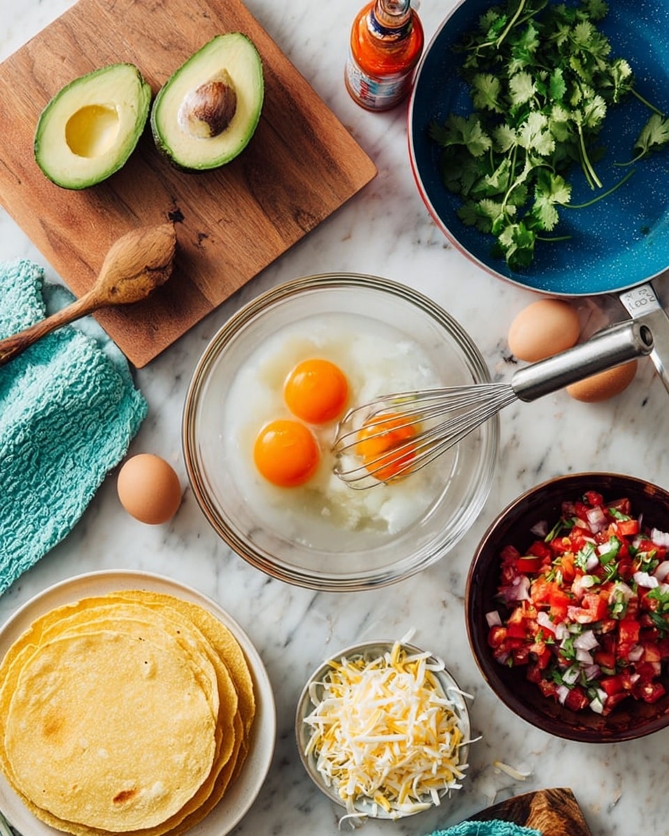 The image shows a cooking setup on a white marbled surface with several ingredients arranged around a large clear glass bowl in the center, containing four raw eggs with bright orange yolks and a metal whisk inside. To the top left, there is a wooden cutting board with two halves of a green avocado, one with the seed, and a wooden handle knife. Below this is a stack of yellow corn tortillas on a white plate. At the bottom center, there is a small bowl full of shredded cheese in white and light yellow colors. To the right of the cheese is a dark bowl filled with a fresh red salsa made of diced tomatoes, onions, and greens. Above the salsa is a bunch of fresh green cilantro and a blue pan with a white inside, resting on a teal fabric. There is also a bottle of hot sauce near the avocado. Photo taken with an iphone --ar 4:5 --v 7