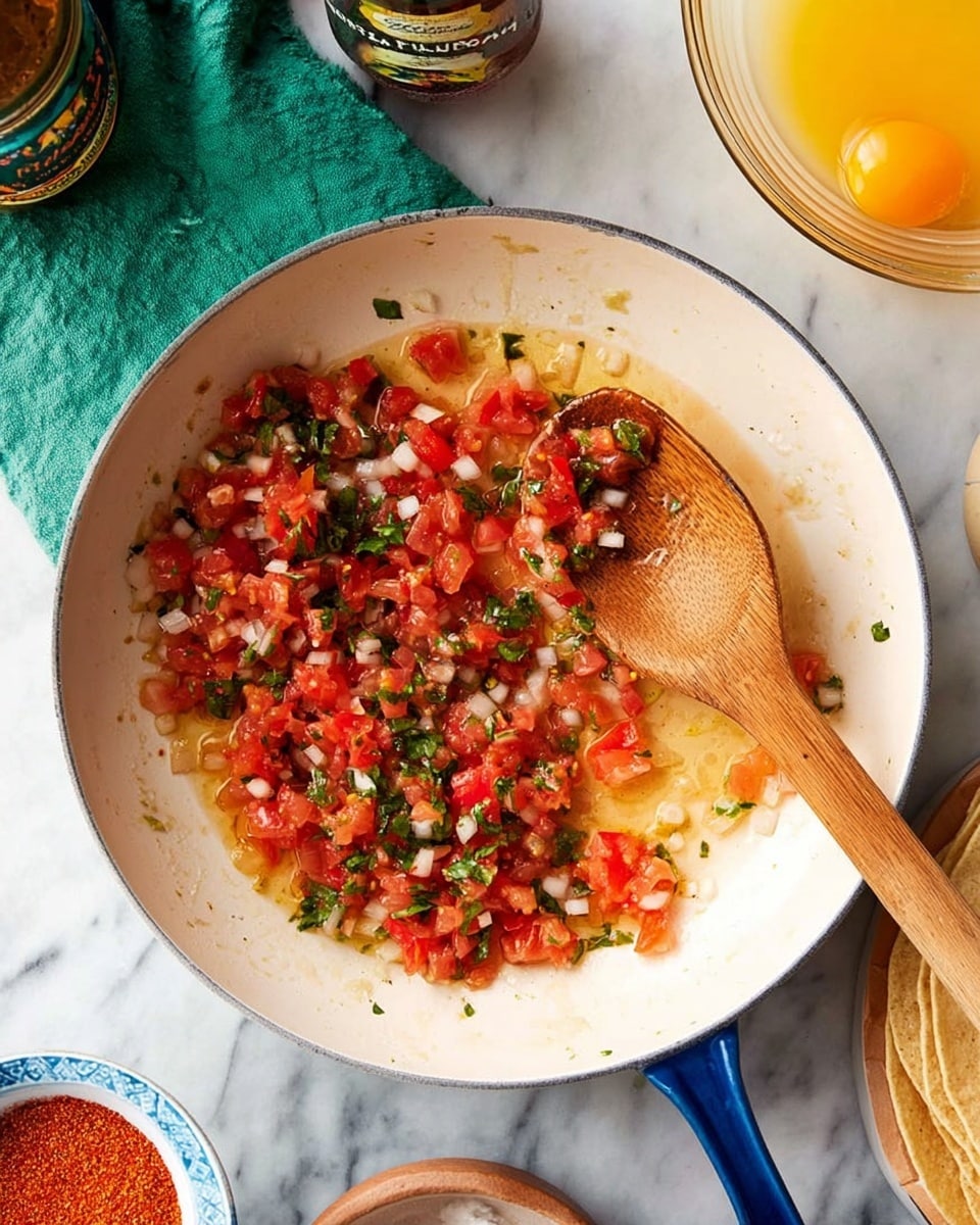 The image shows a white pan with a blue handle containing a mix of finely chopped red tomatoes, white onions, and green herbs being cooked. A wooden spoon rests inside the pan, partly covering some of the mixture. The pan sits on a white marbled surface, with a green cloth nearby. To the left, there is a bottle of sauce and a small open container with reddish powder, and on the right edge, part of a white plate with brown tortillas is visible. In the top right corner, a glass bowl with beaten yellow eggs is also seen. Photo taken with an iphone --ar 4:5 --v 7