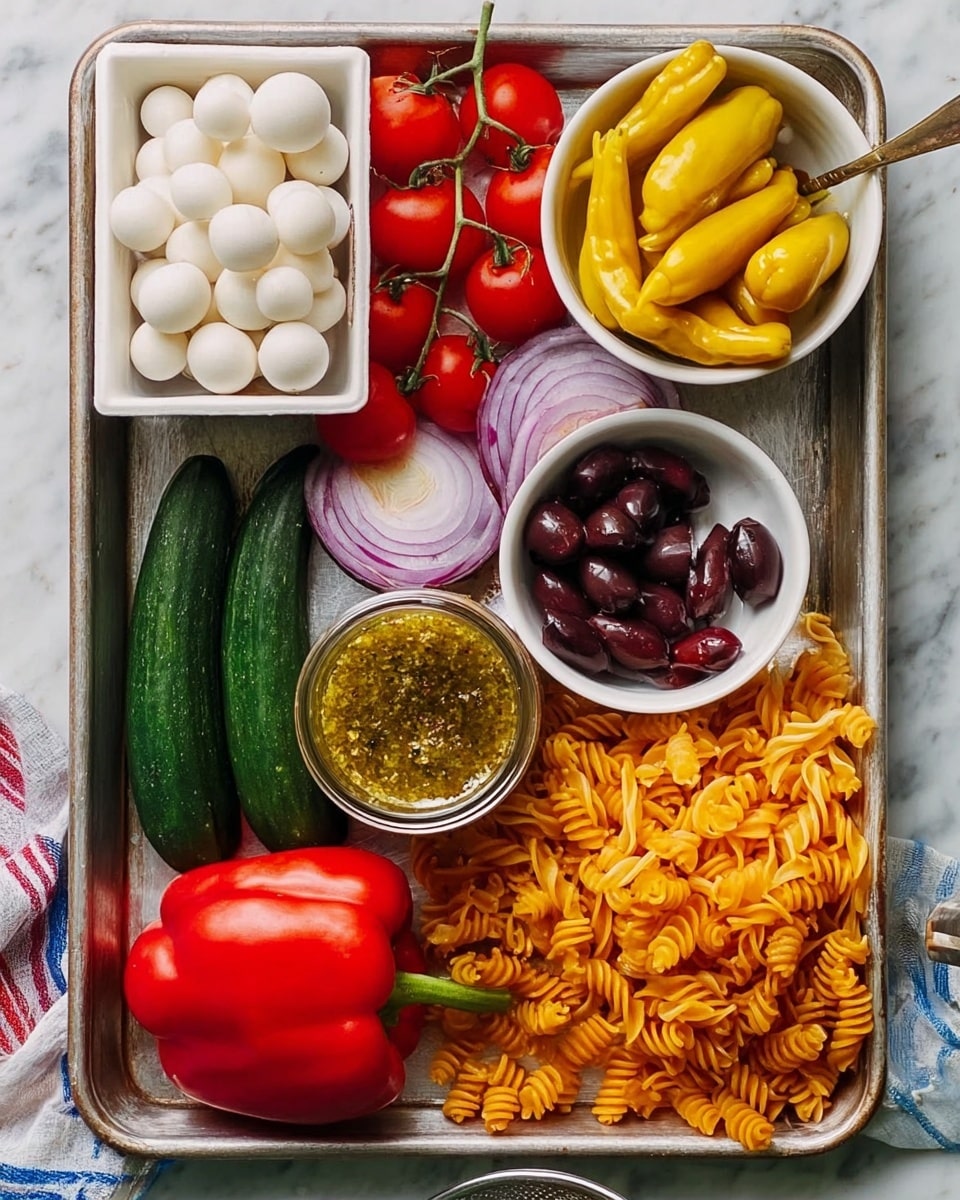 The image shows a rectangular metal tray filled with various fresh and dry ingredients arranged separately. In the top left corner, there is a white plastic container with small round white balls, next to a bunch of red cherry tomatoes still on the vine forming a bright cluster. To the right, a white bowl holds yellow pickled peppers with shiny smooth skin piled modestly. Above this bowl, a smaller white dish contains dark purple olives, glossy and round. A glass jar of thick greenish-yellow sauce with herbs stands beside the olives, with a small spoon inside. On the metal tray's left edge, a long dark green cucumber is placed vertically. Below, a large shiny red bell pepper sits beside a red onion and a few onion slices showing white and purple layers. On the right side of the tray is a generous heap of orange twisted pasta, spread loosely. All items lie on a white marbled background with part of a silver colander and a woman’s hand visible at the bottom. photo taken with an iphone --ar 4:5 --v 7
