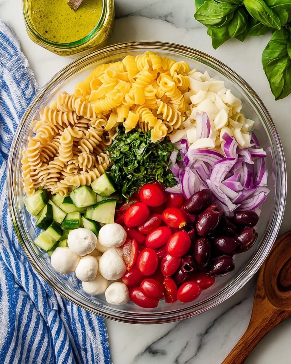 A clear glass bowl holds a visually layered pasta salad arranged in sections. Starting at the top, there is a mound of bright yellow pasta shells next to a pile of chopped green herbs. To the right, there are light brown spiral rotini pasta pieces. Moving clockwise, there is a cluster of white mozzarella balls beside bright red halved cherry tomatoes. Below that, chunky pieces of green cucumber sit next to thin slices of purple-red onion. Near the center, a pile of dark black olives provides contrast. Outside the bowl, a jar of yellow-green dressing is in the top left corner, resting on a white marbled surface with a blue and white striped cloth nearby. A wooden spoon and some green leaves are also visible around the bowl. photo taken with an iphone --ar 4:5 --v 7